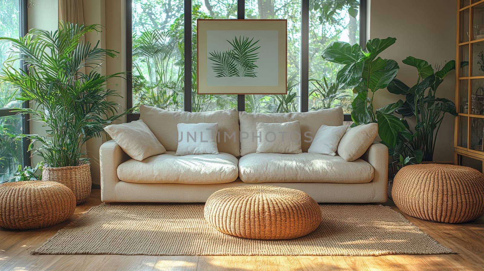 A modern shabby chic living room featuring woven poufs, lush plants, and natural textures, ideal for text placement