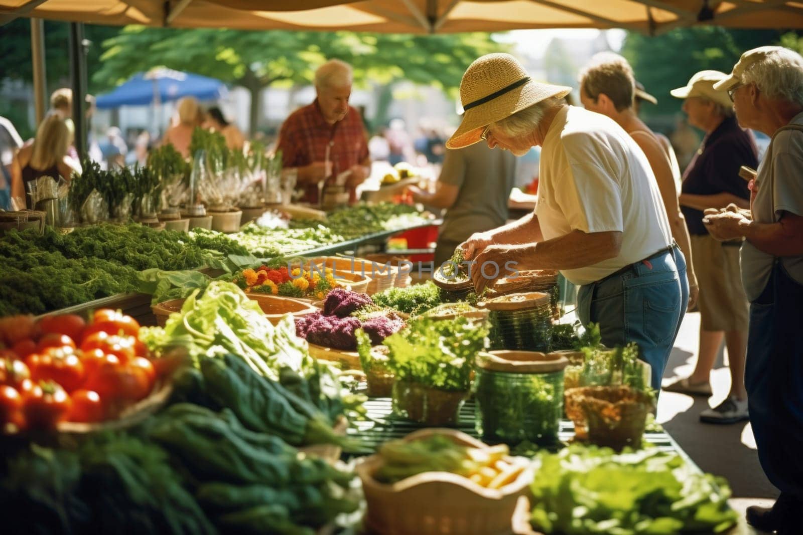 Senior woman wearing a straw hat selecting fresh greens and vegetables at a bustling outdoor farmers market with vibrant produce displays