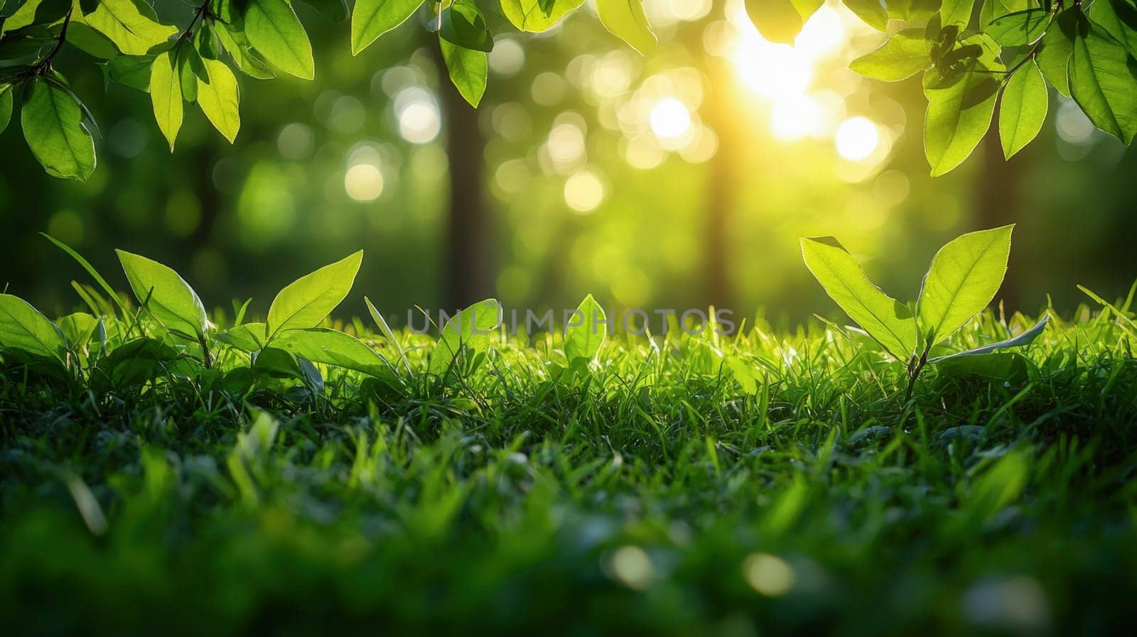 Bright green leaves and grass basking in warm sunlight, symbolizing the vitality of springtime