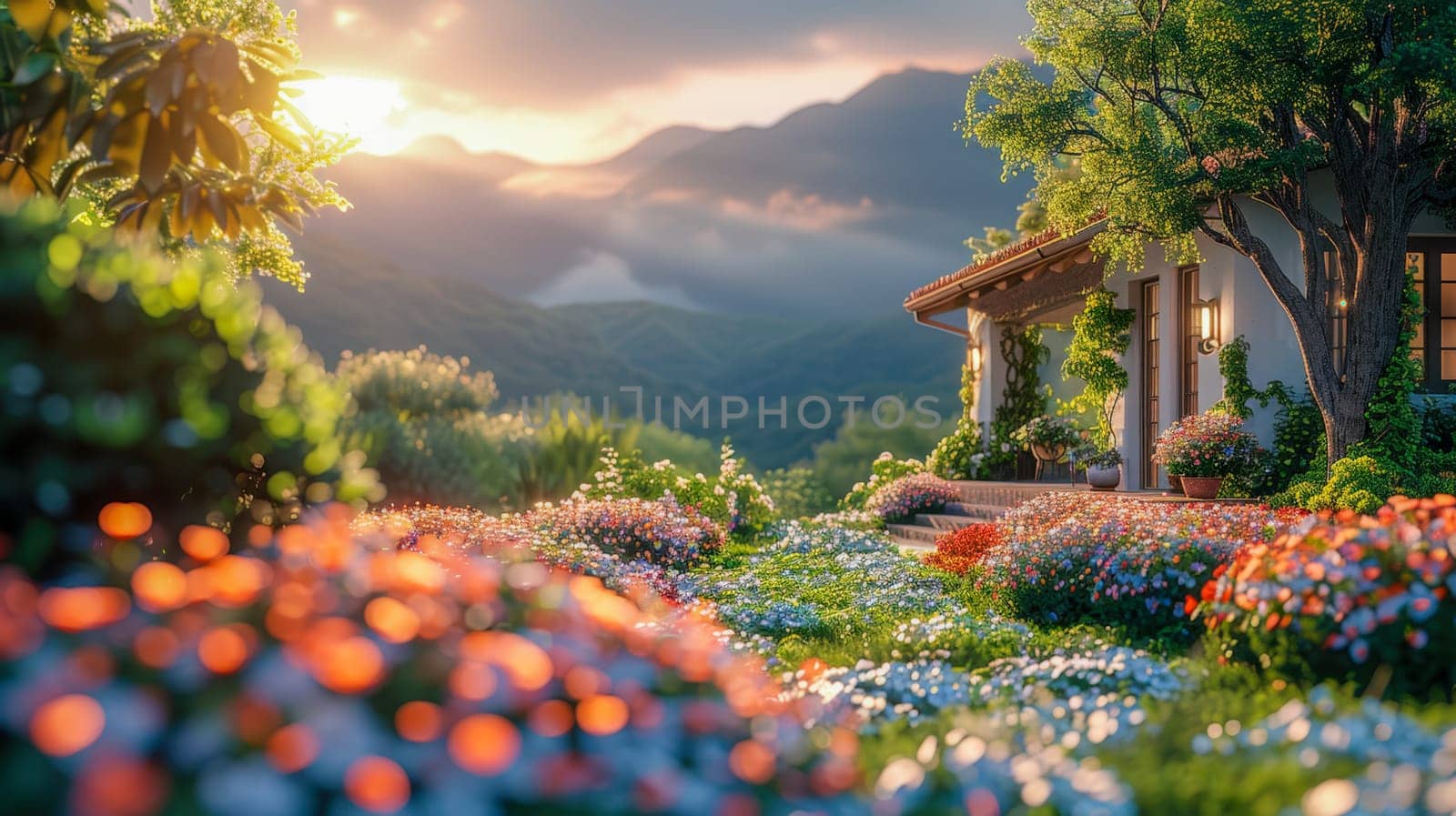 A charming countryside garden with vibrant flowers, lush greenery, and a cozy villa under a breathtaking sunset. Space available for text on the garden foreground