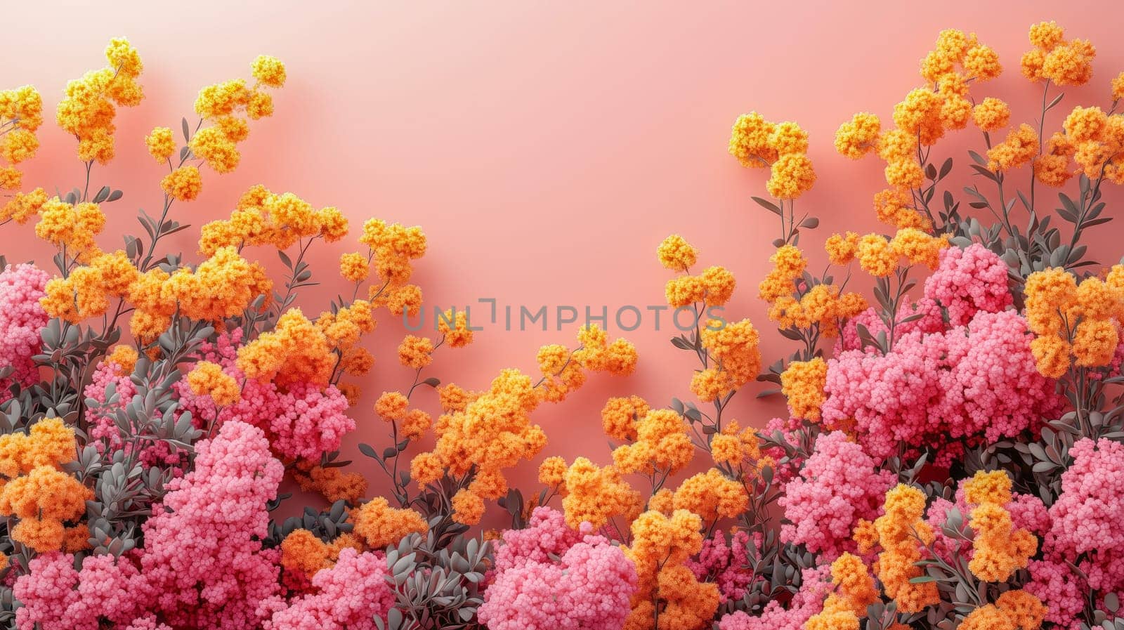 A blend of vibrant pink and orange mimosa flowers with green foliage on a soft peach background, symbolizing diversity, empowerment, and the celebration of women on International Women's Day