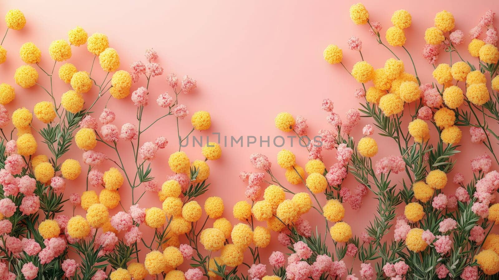 A vibrant arrangement of yellow and pink mimosa flowers with green foliage on a soft peach background, symbolizing joy, strength, and unity for International Women's Day