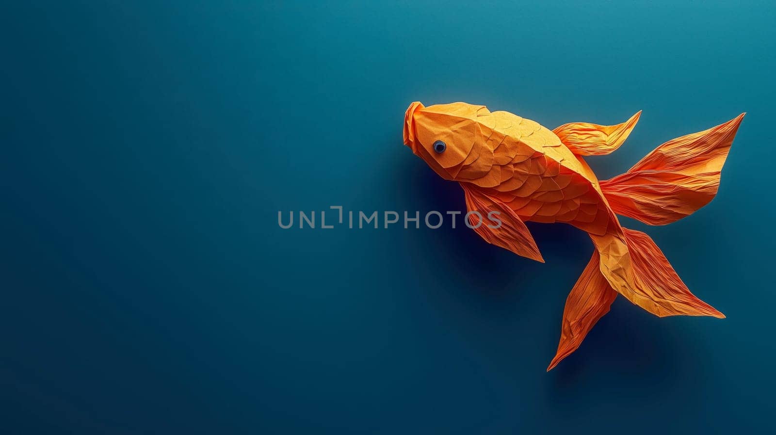 A golden orange origami fish with detailed scales, elegantly placed on a vibrant blue background, showcasing contrast and craftsmanship. Space for text available