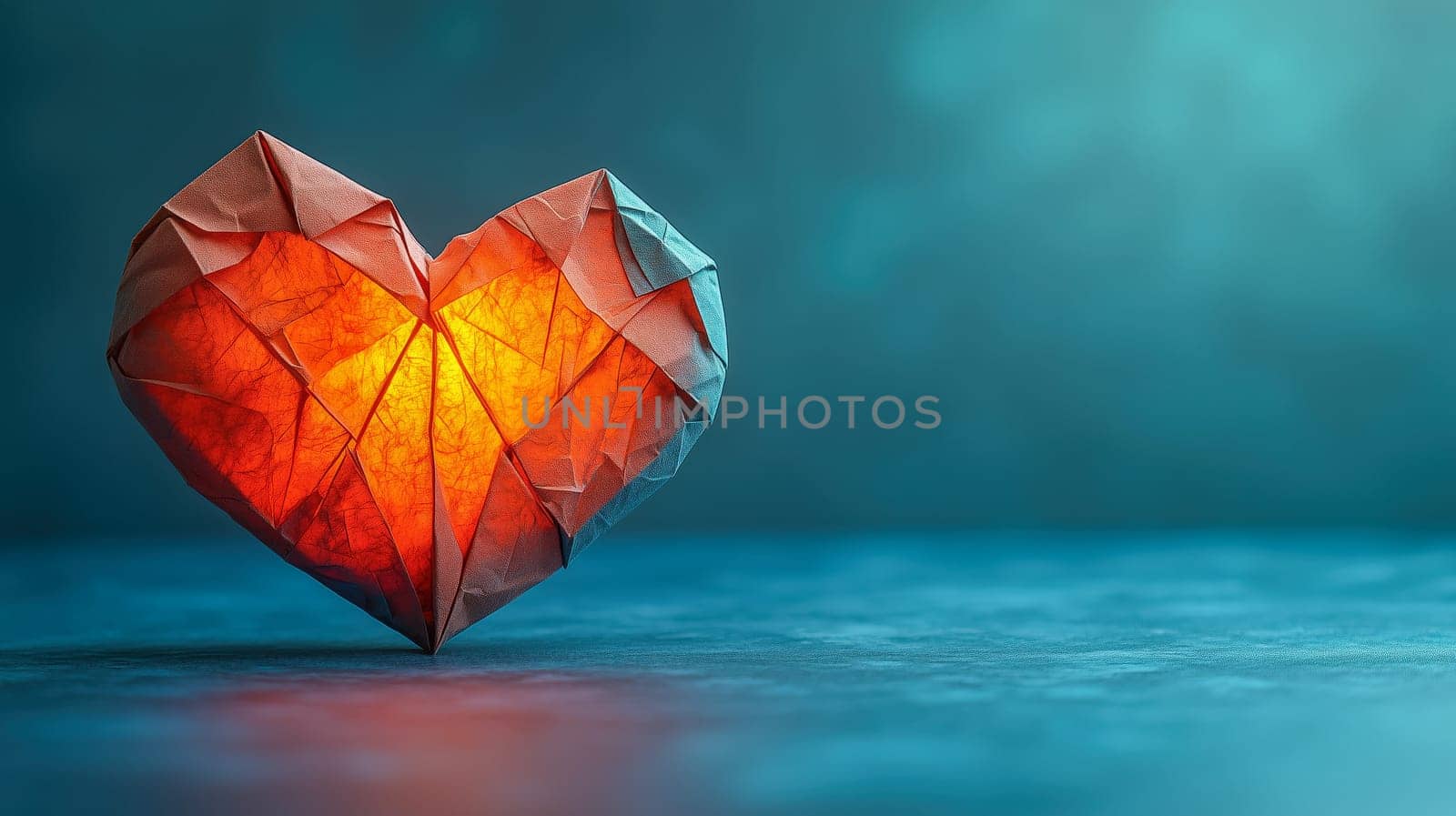 A glowing red and orange origami heart resting on a soft blue surface, emphasizing warmth and artistic creativity. Space for text available
