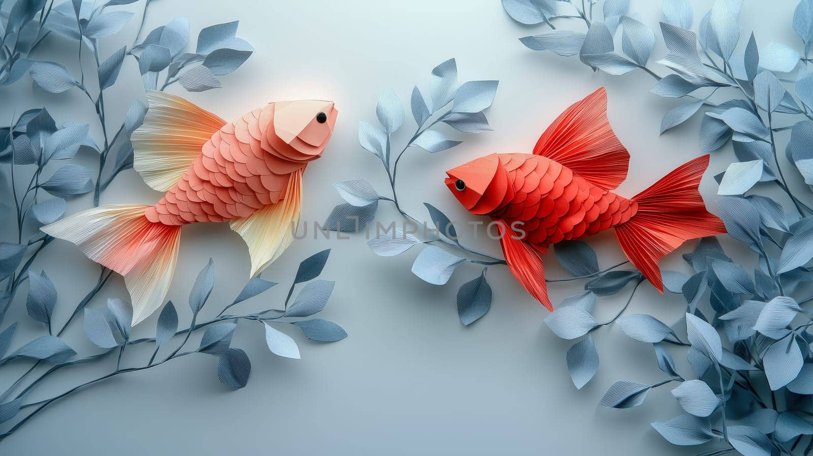 Two paper-crafted goldfish, one red and one orange, surrounded by blue paper leaves on a light background. Space for text available
