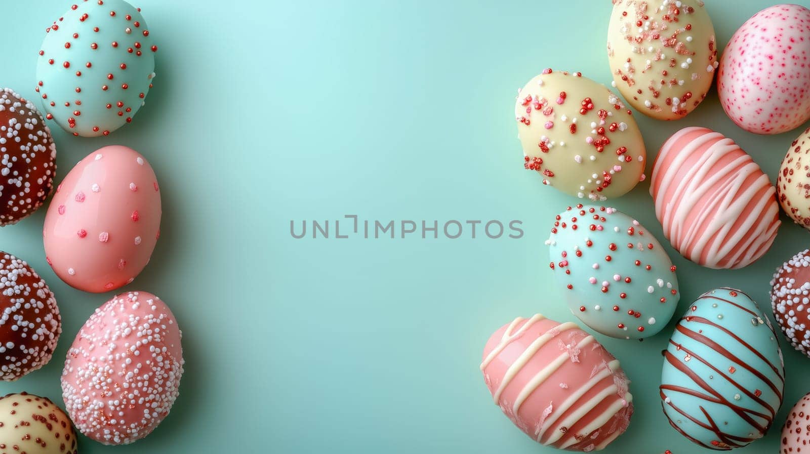 A colorful assortment of decorated Easter eggs arranged on a mint background, leaving room for text, ideal for festive designs