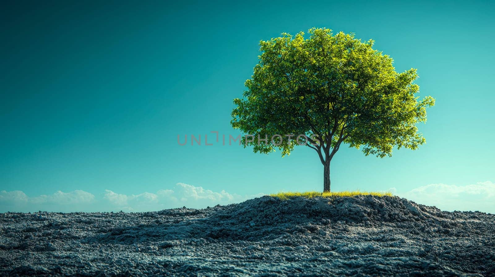Earth Day. A mature tree standing alone on a grassy mound beneath a clear sky, symbolizing strength, growth, and sustainability. Background provides ample space for overlay text