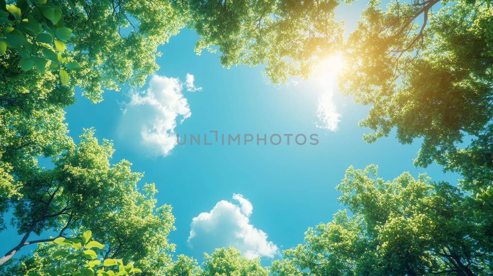 A vibrant green tree canopy under a bright, clear blue sky, illuminated by the sun, showcasing nature's beauty and the importance of environmental sustainability. Space for text is visible in the bright sky