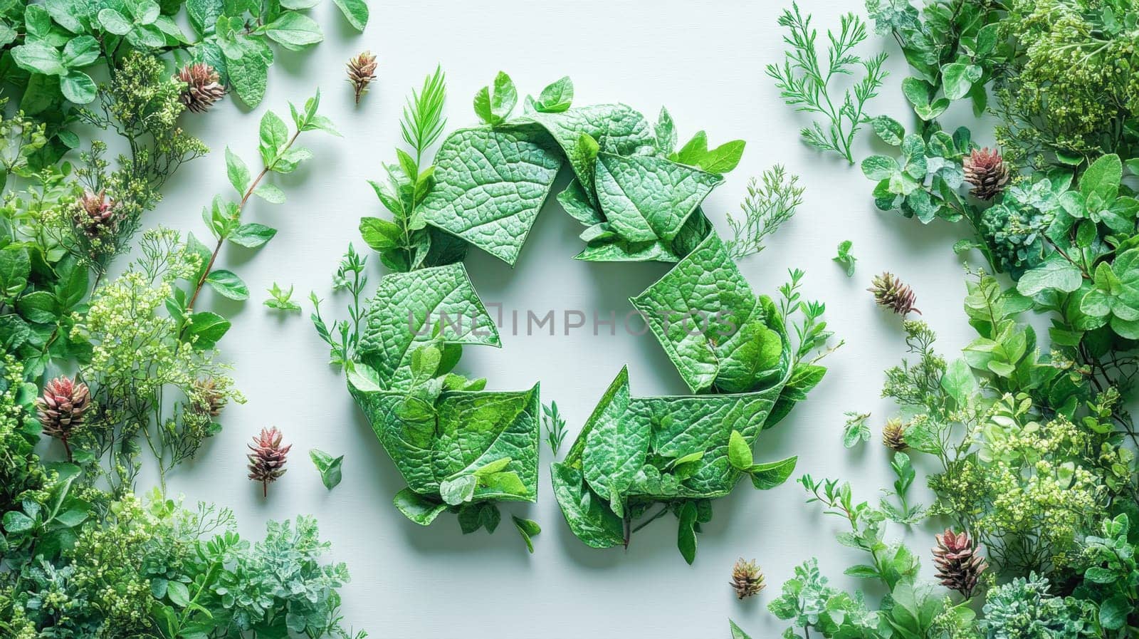 Creative recycling symbol crafted from textured green leaves and surrounded by botanical accents, set on a pale background. Space for text available