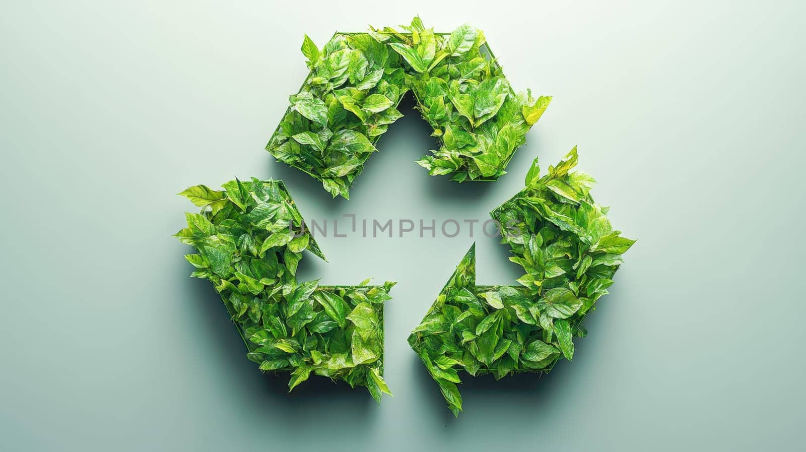 Elegant recycling symbol made from lush green leaves on a minimalist pale green background, symbolizing sustainability and eco-conscious living. Space for text available