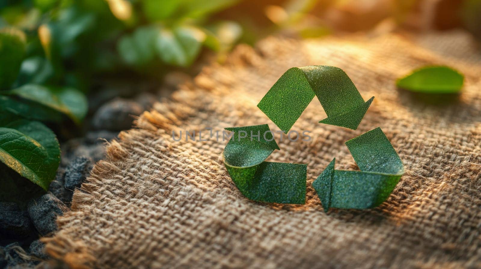 Rustic recycling symbol crafted from textured green material, placed on burlap and illuminated by warm natural sunlight. Space for text included