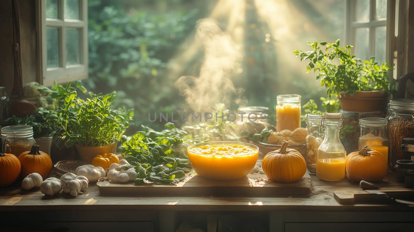 A cozy rustic kitchen with steaming pumpkin soup, fresh pumpkins, herbs, garlic, and jars of ingredients illuminated by sunlight through a window.
