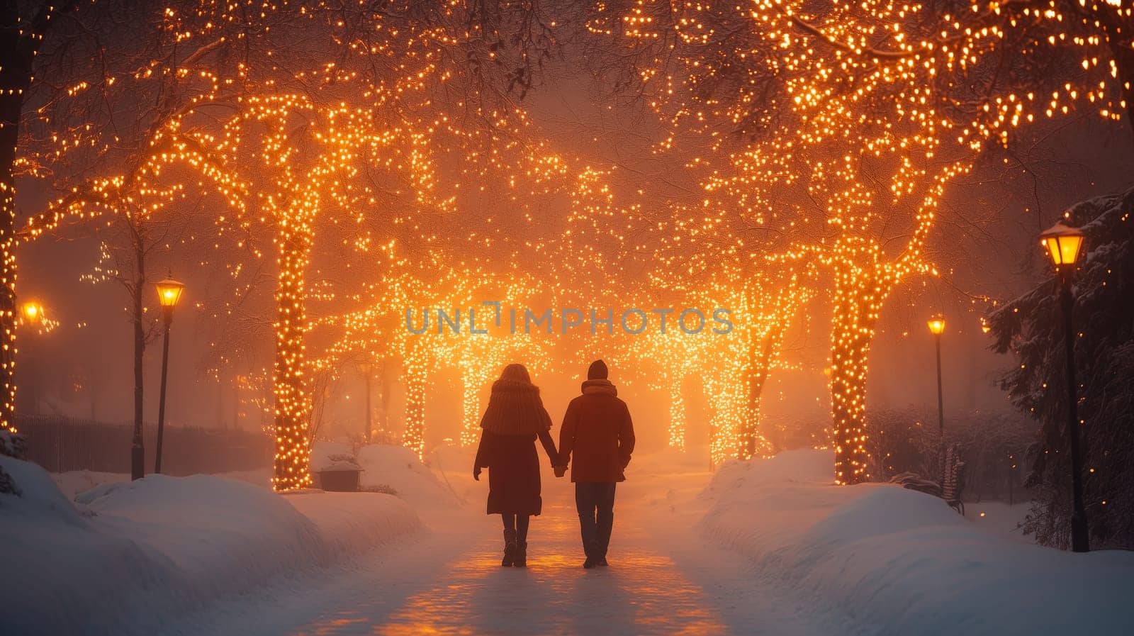 Romantic winter evening of a couple walking hand in hand through a snow-covered park adorned with bright festive lights and serene atmosphere.