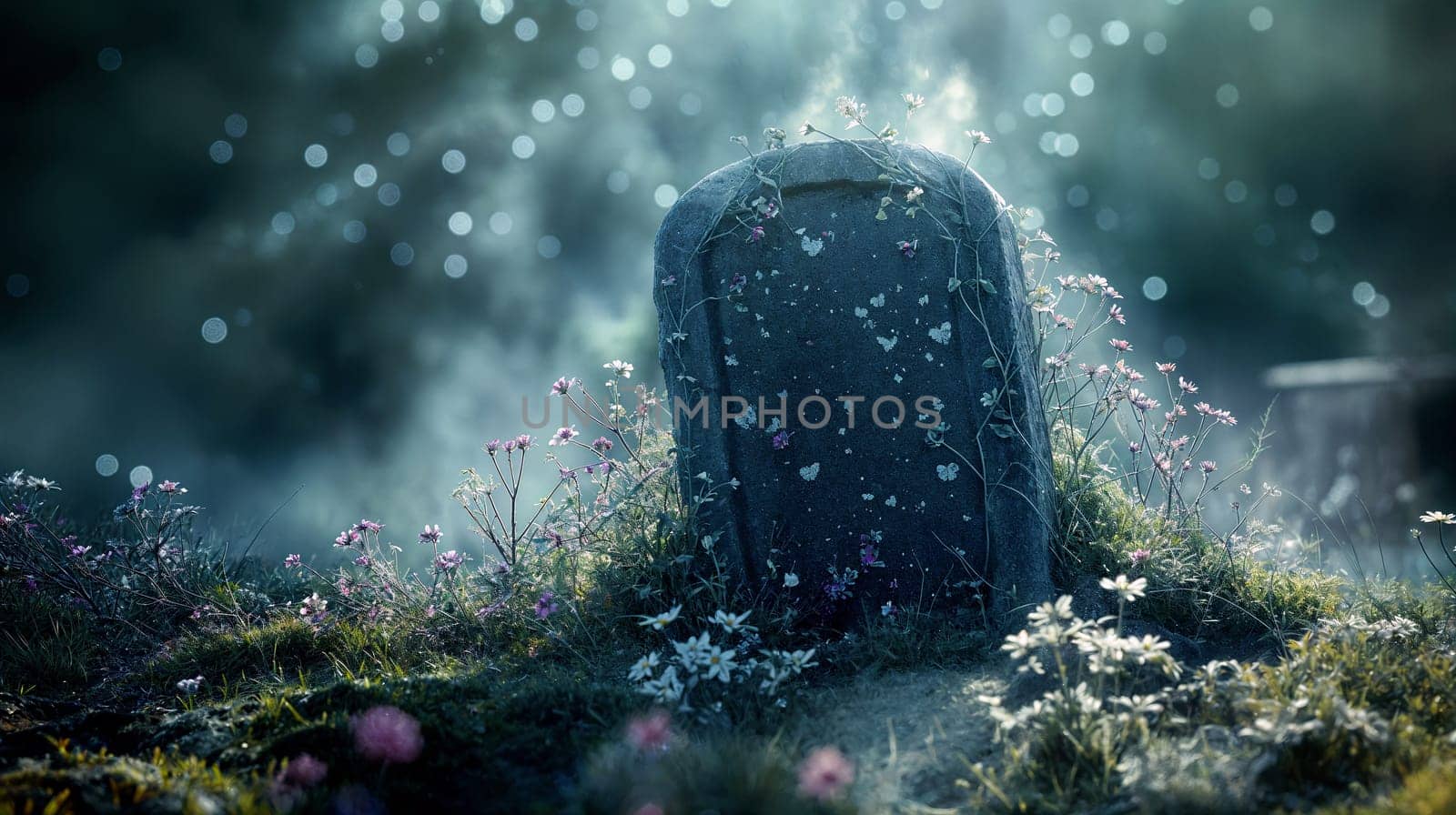A solitary gravestone, adorned with delicate wildflowers, stands in a tranquil cemetery. Soft mist envelops the scene, creating a peaceful, reflective atmosphere - Generative AI