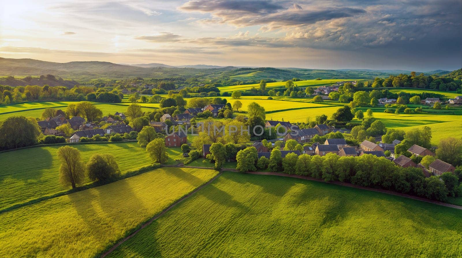 An expansive landscape captures a village nestled among rolling green fields, with golden sunlight illuminating the scenery as clouds drift overhead during sunset - Generative AI