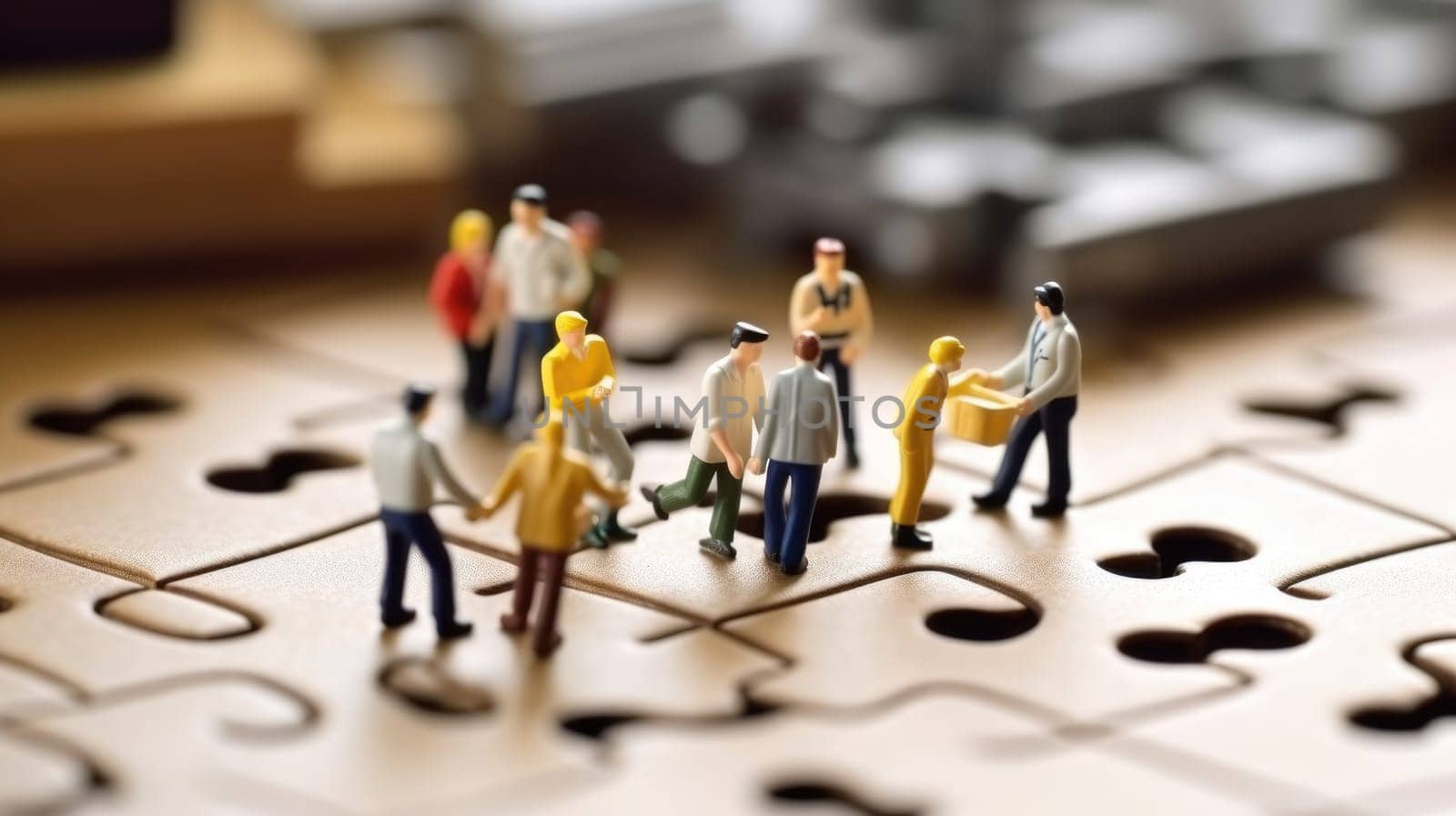 Miniature business people connecting many puzzle, top view, concept of teamwork. Generative AI weber. by biancoblue