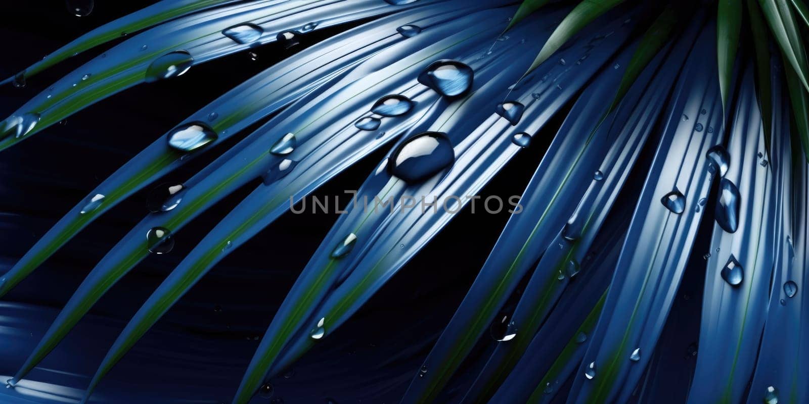 Dark Blue palm leaves dramatic photo effect background, realism, realistic, hyper realistic. Generative AI image weber.