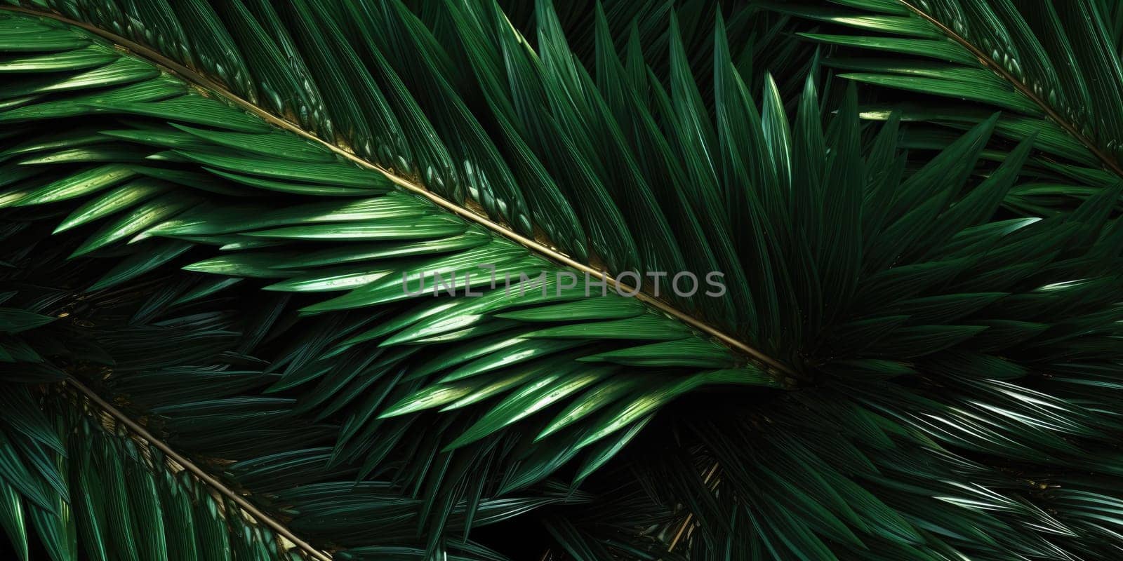 Dark green palm leaves dramatic photo effect background, realism, realistic, hyper realistic. Generative AI weber. by biancoblue