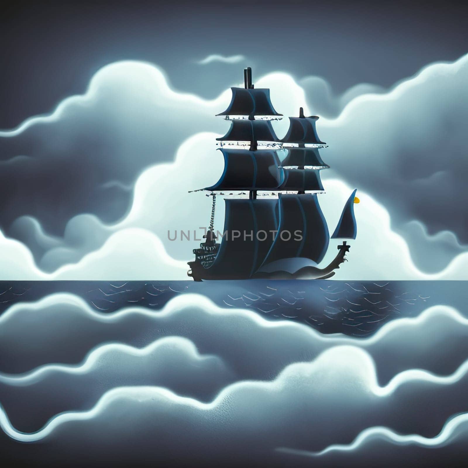 Pirate in ship which is sailing in dark sea sky is dark blue and clouds by EkaterinaPereslavtseva