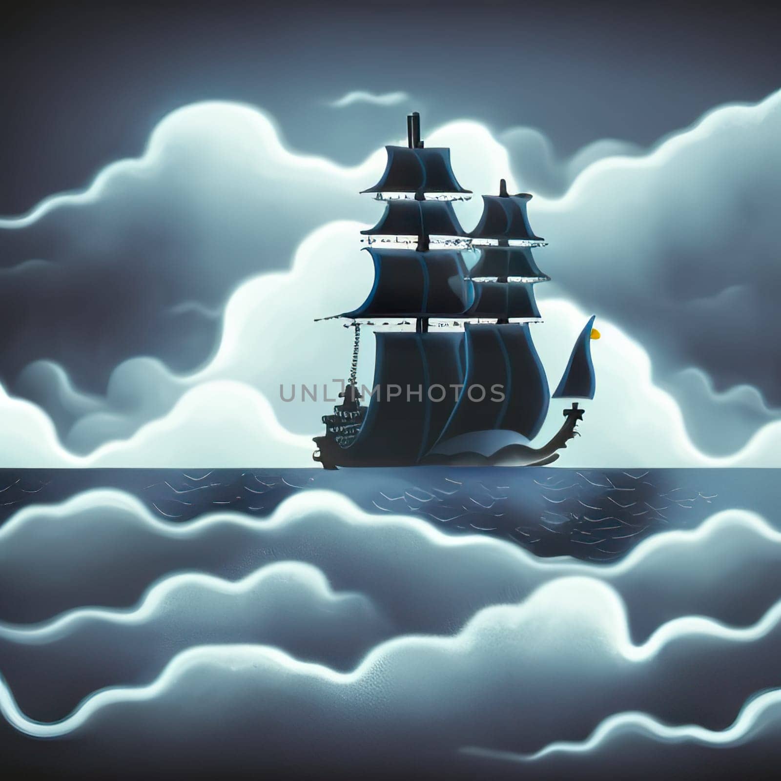 Pirate in ship which is sailing in dark sea sky is dark blue and clouds and thunderstorms coming in far waves are big detailed picture