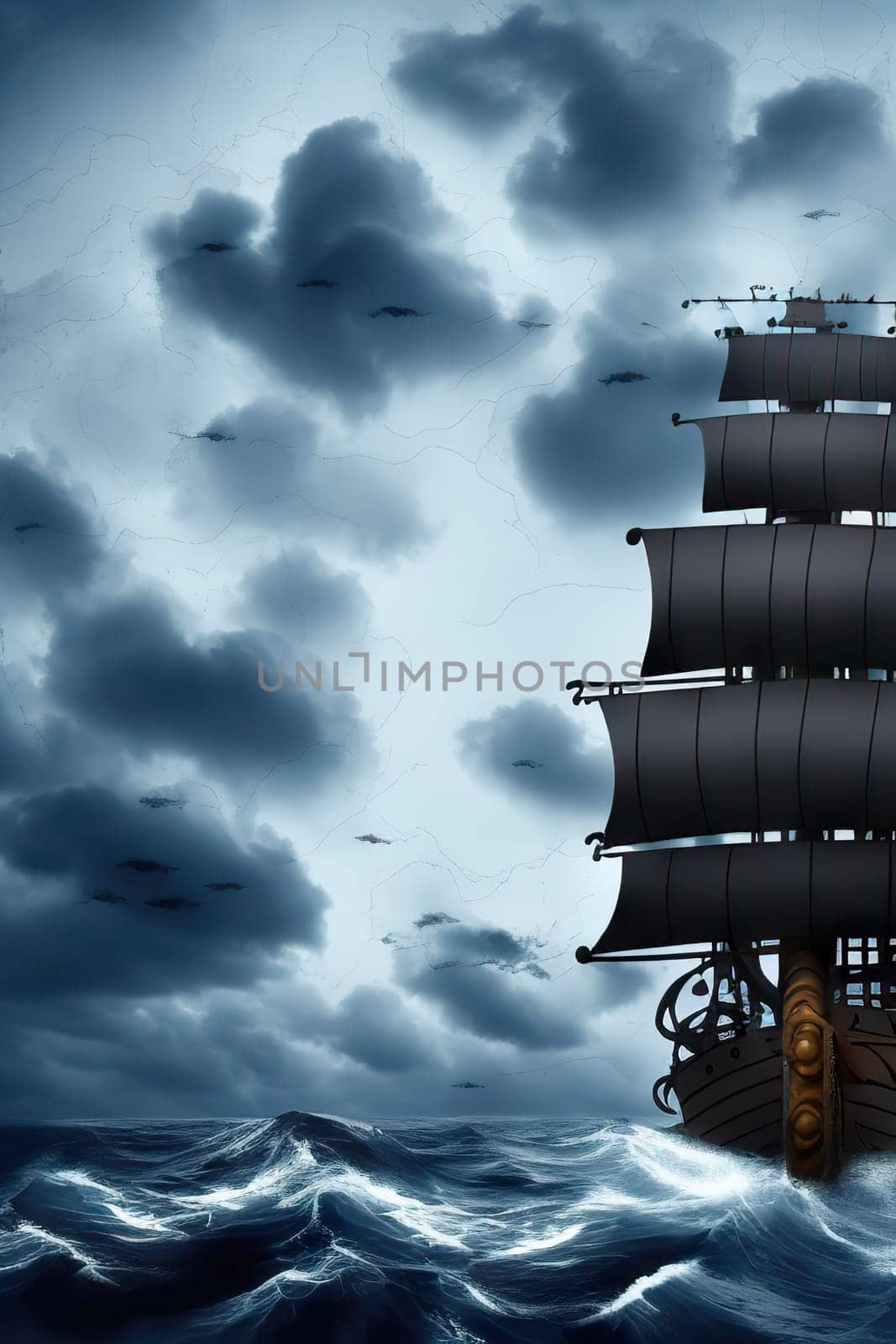 Pirate in ship which is sailing in dark sea sky is dark blue and clouds and thunderstorms coming in far waves are big detailed picture