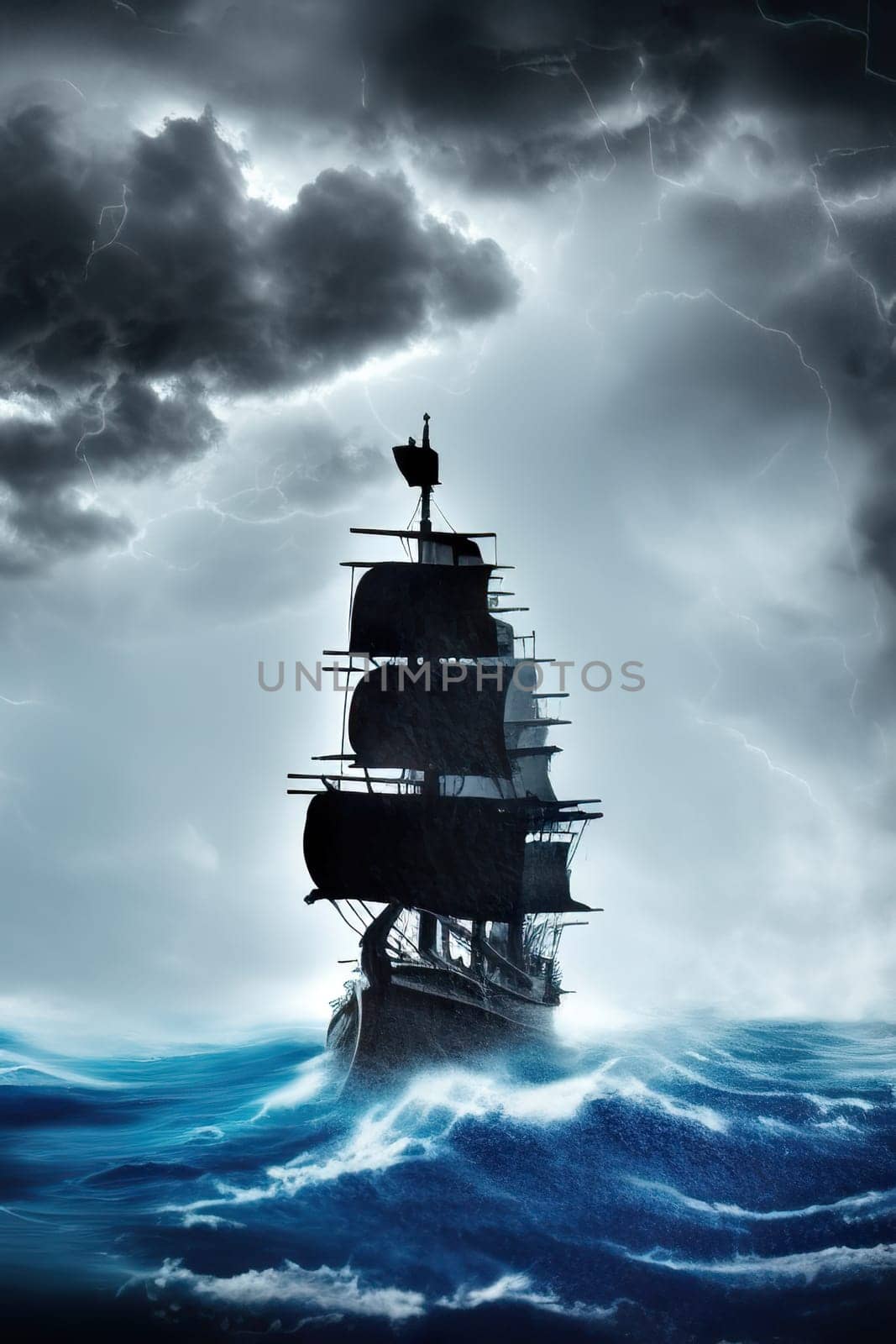 Pirate in ship which is sailing in dark sea sky is dark blue and clouds and thunderstorms coming in far waves are big detailed picture