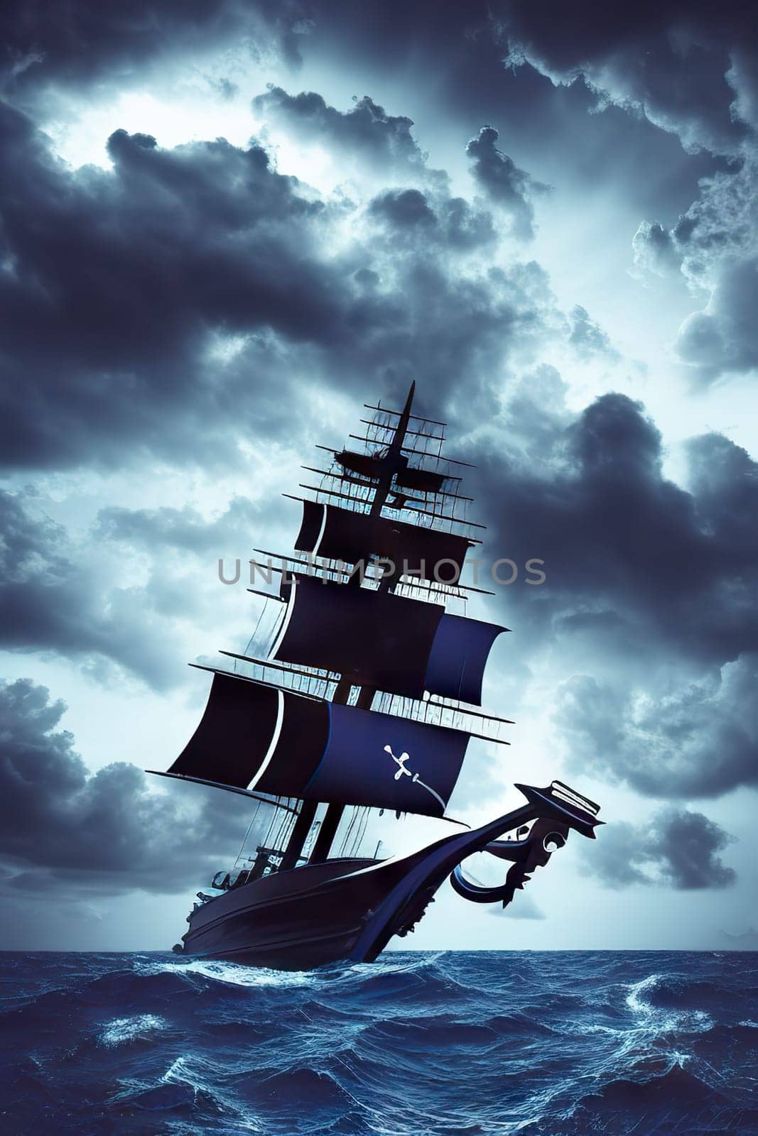 Pirate in ship which is sailing in dark sea sky is dark blue and clouds by EkaterinaPereslavtseva