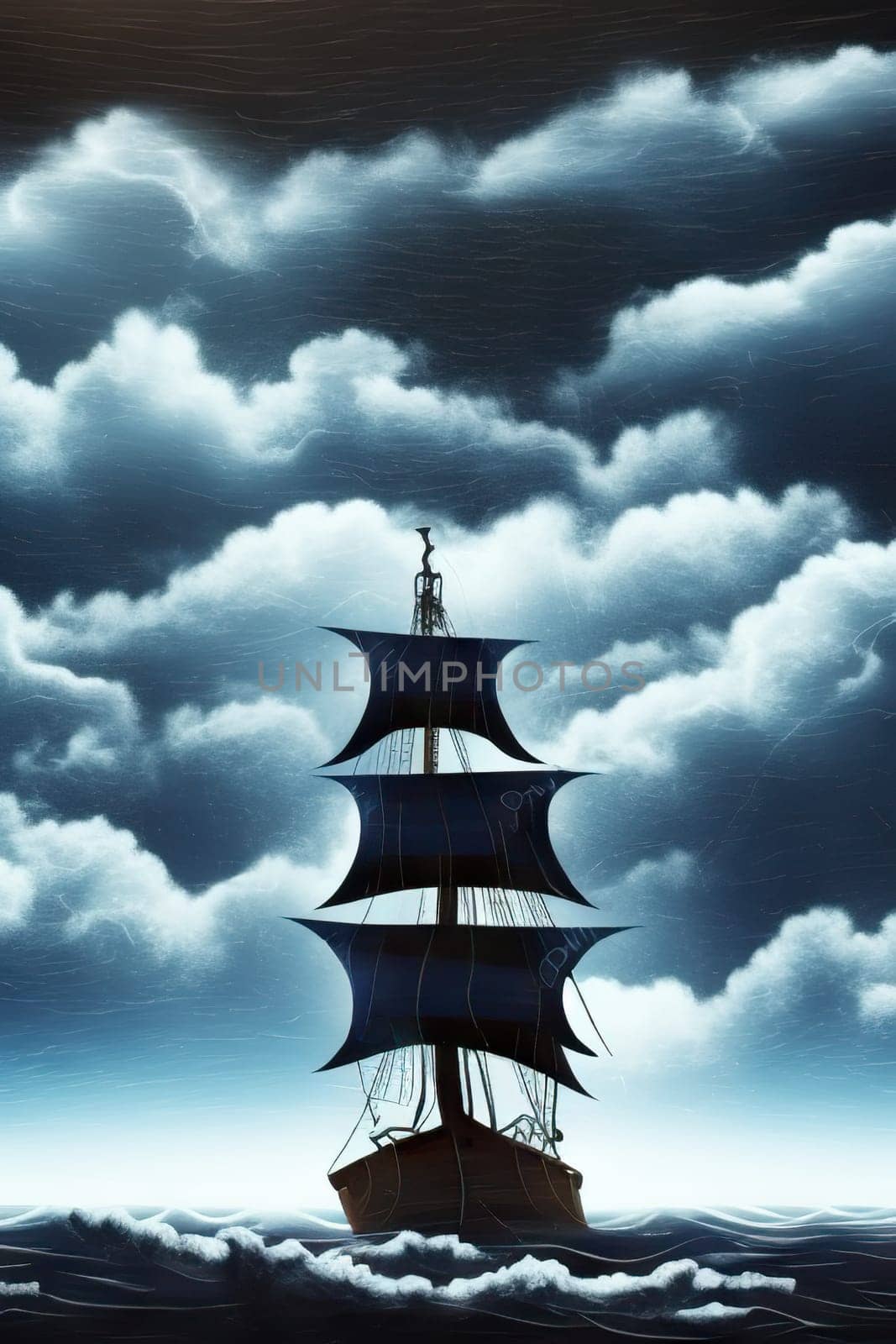 Pirate in ship which is sailing in dark sea sky is dark blue and clouds by EkaterinaPereslavtseva