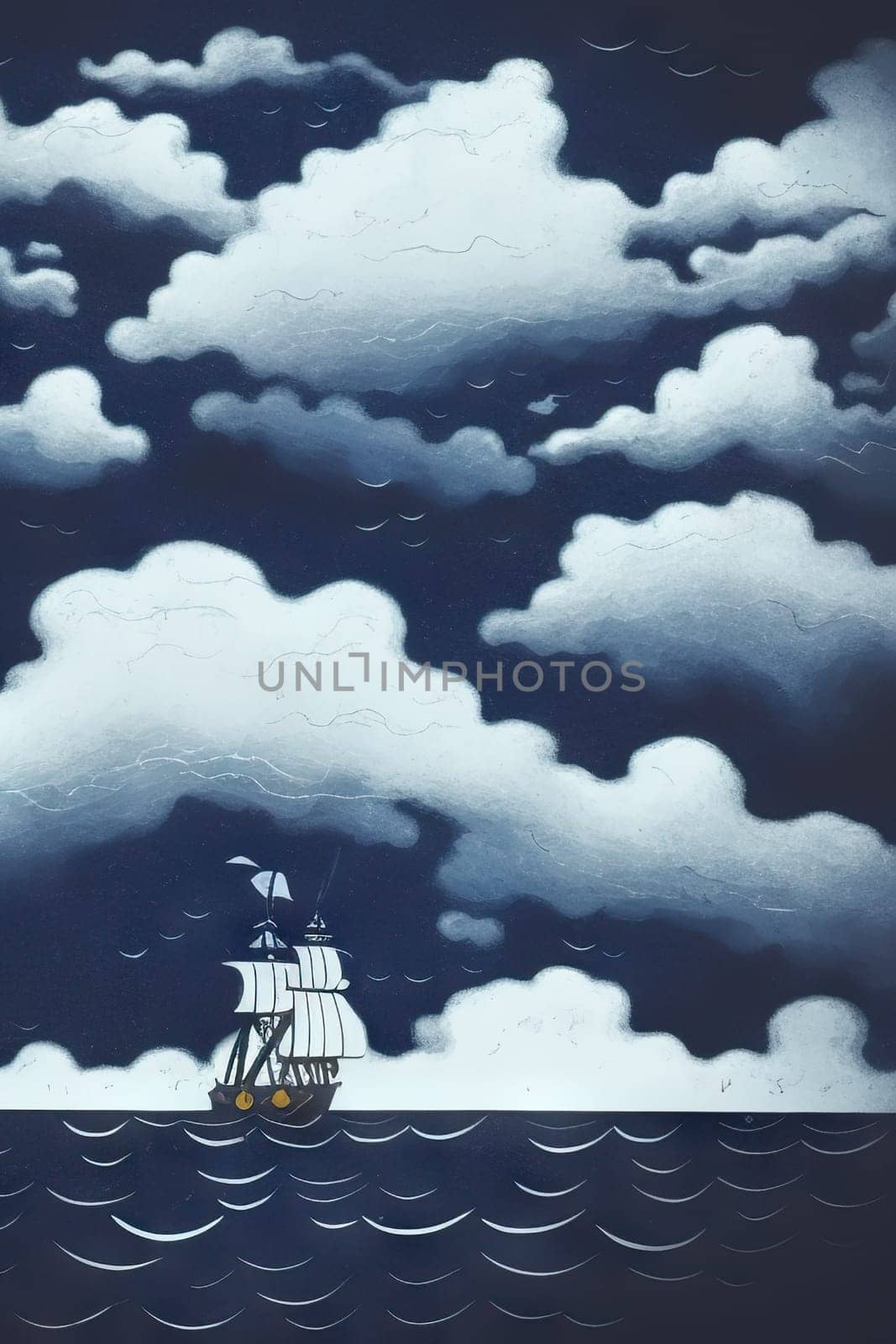 Pirate in ship which is sailing in dark sea sky is dark blue and clouds by EkaterinaPereslavtseva