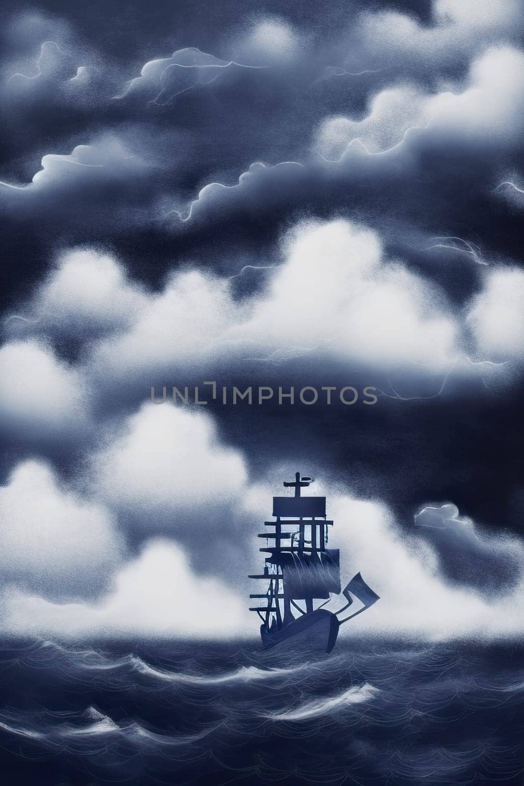 Pirate in ship which is sailing in dark sea sky is dark blue and clouds and thunderstorms coming in far waves are big detailed picture