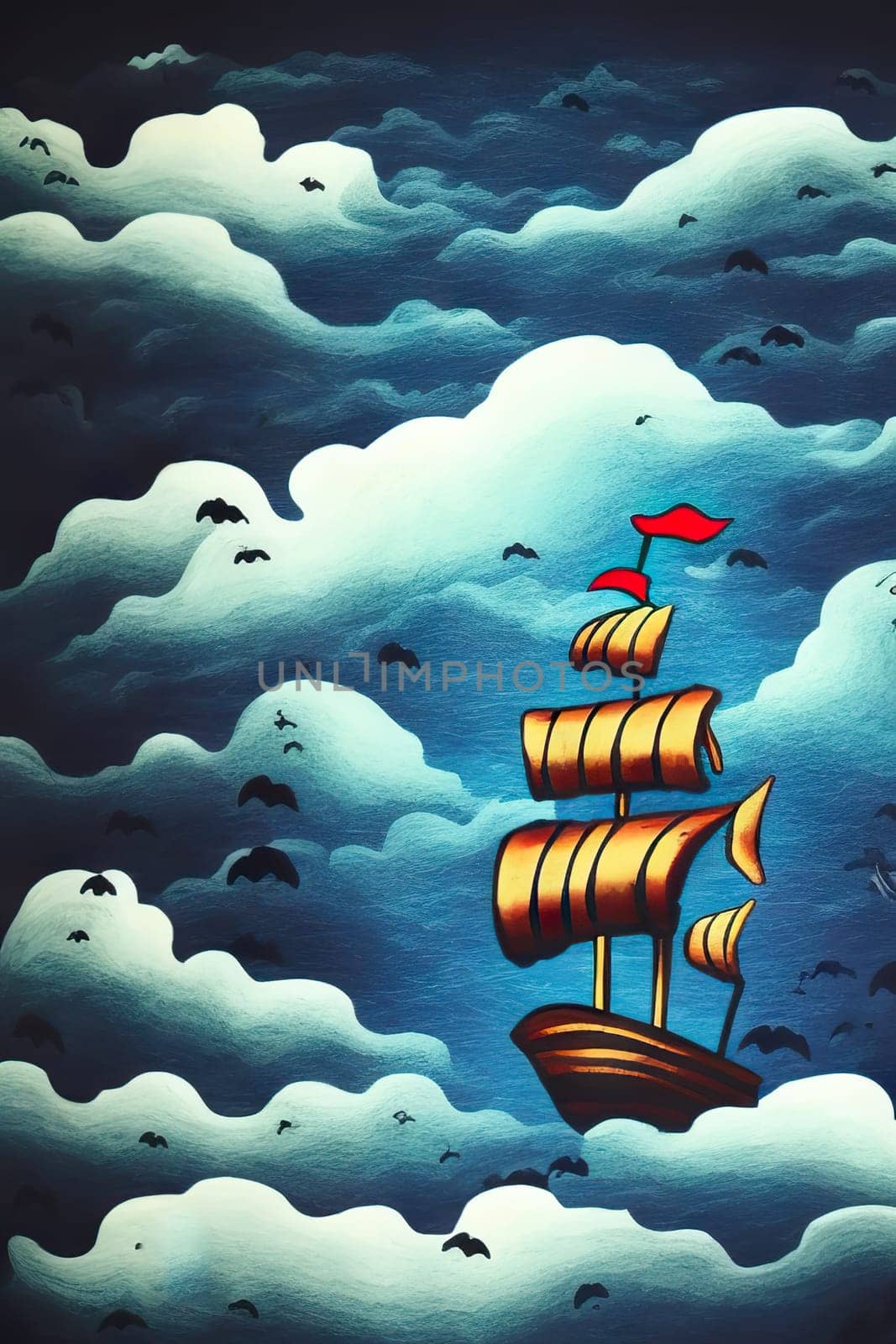 Pirate in ship which is sailing in dark sea sky is dark blue and clouds by EkaterinaPereslavtseva