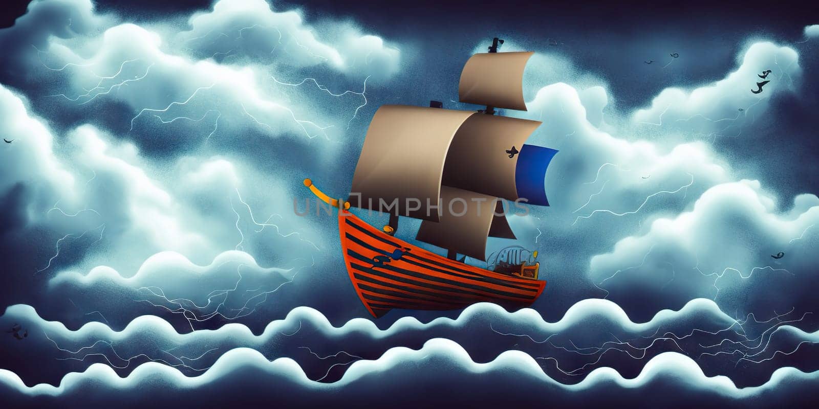 Pirate in ship which is sailing in dark sea sky is dark blue and clouds and thunderstorms coming in far waves are big detailed picture