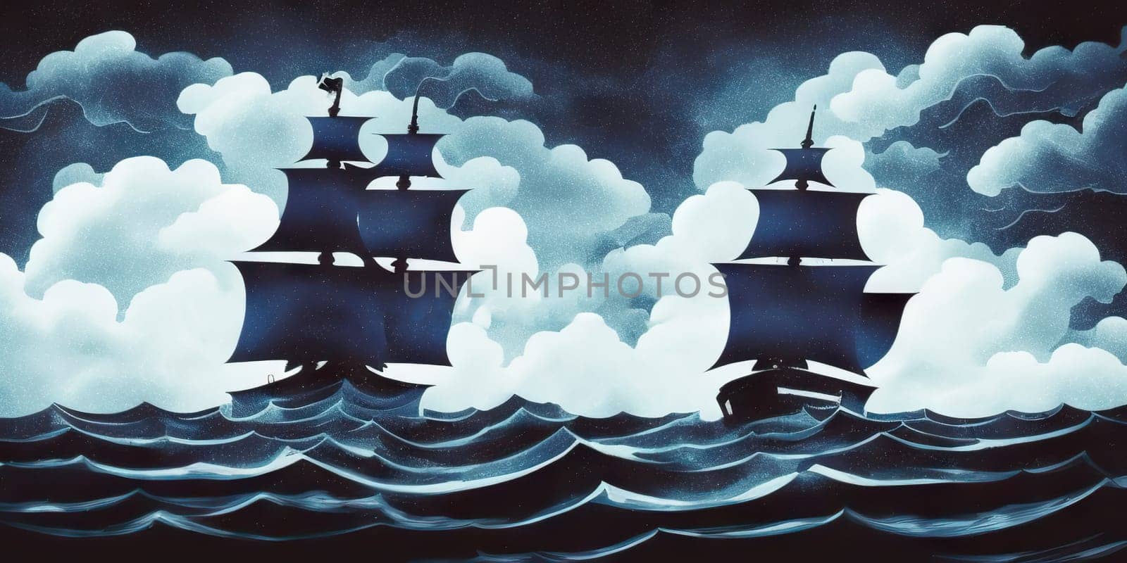 Pirate in ship which is sailing in dark sea sky is dark blue and clouds by EkaterinaPereslavtseva