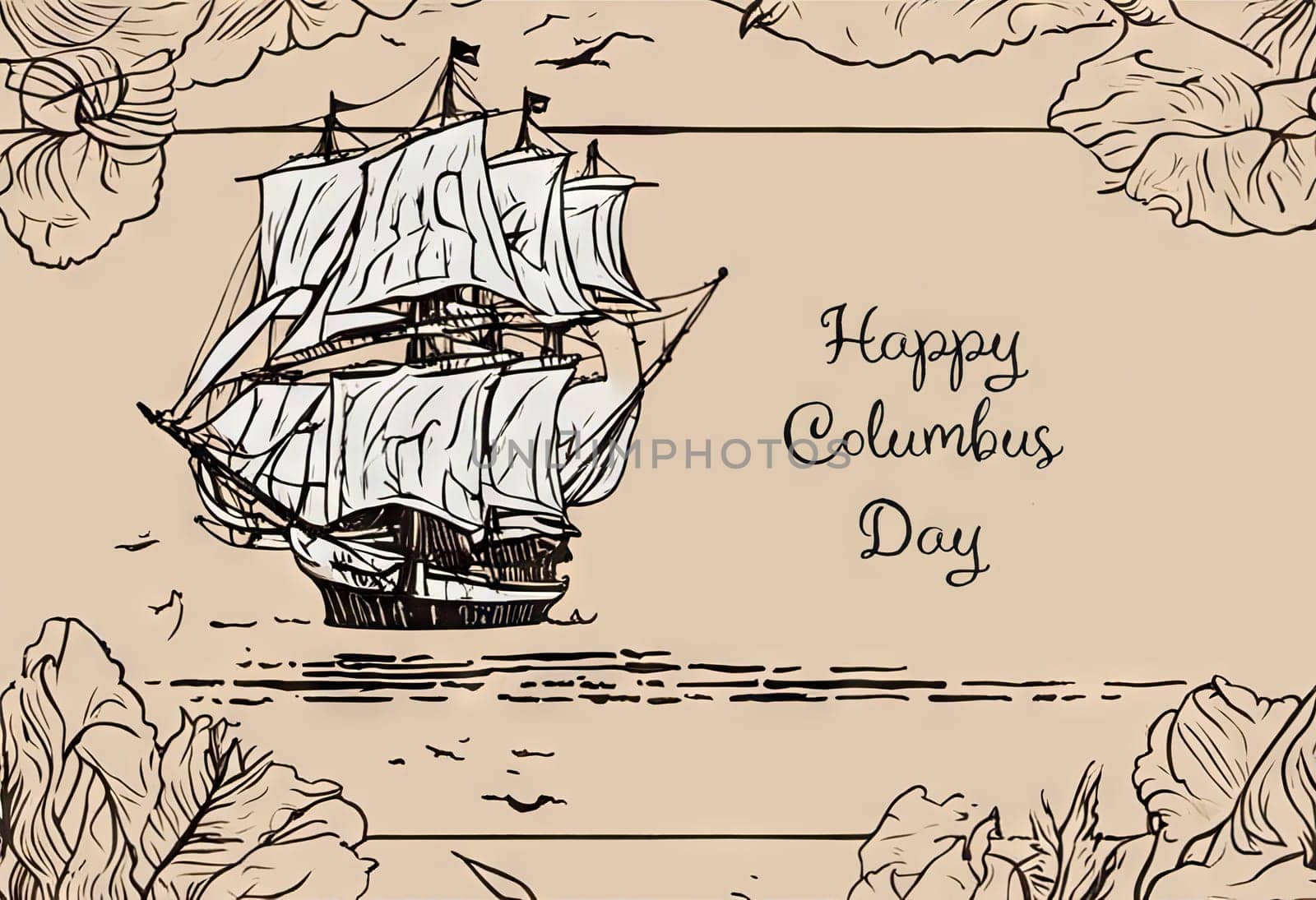 Happy Columbus Day banner with ship, illustration by EkaterinaPereslavtseva