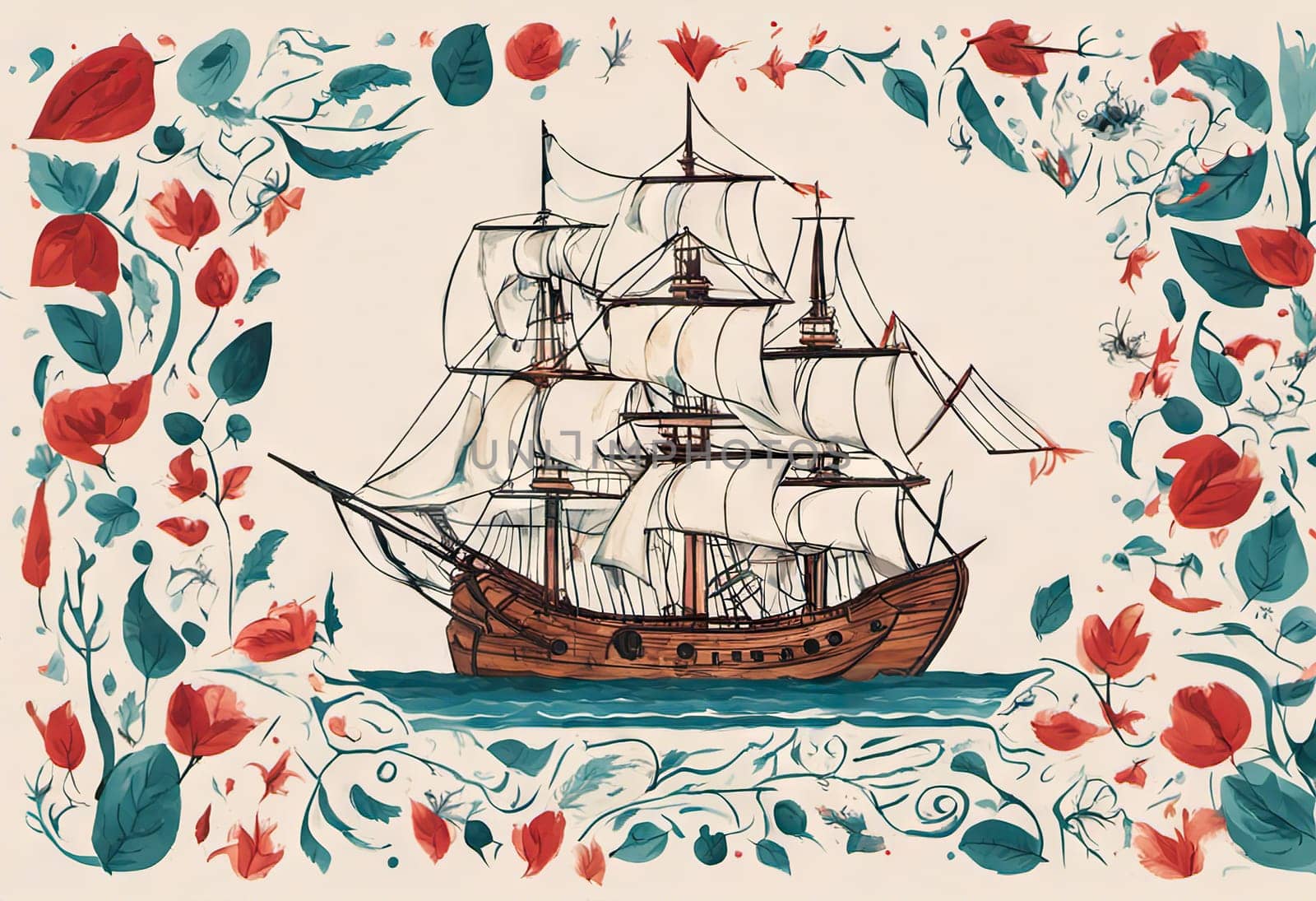 Happy Columbus Day banner with ship, illustration.