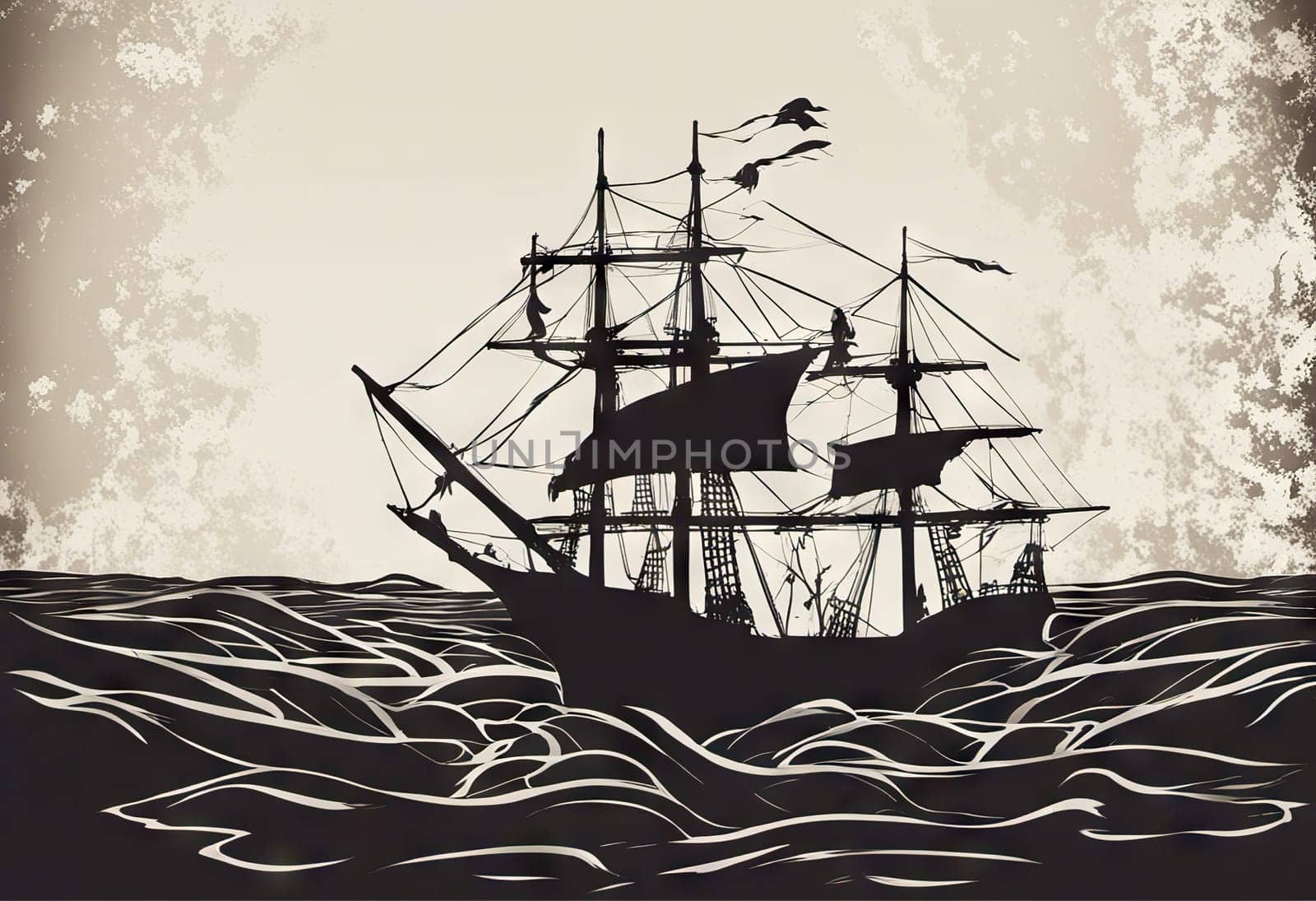 Happy Columbus Day banner with ship, illustration by EkaterinaPereslavtseva