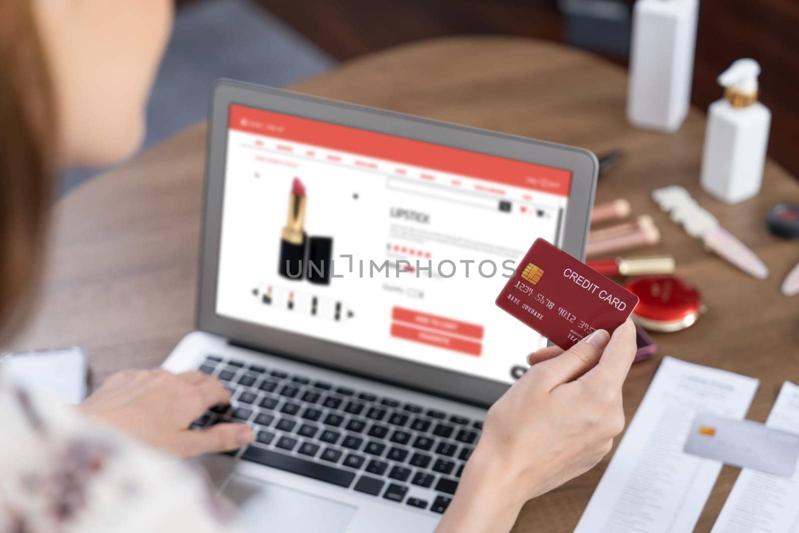 Woman shopping online on internet marketplace browsing for sale items for modern lifestyle and use credit card for online payment from wallet protected by utmost cyber security software