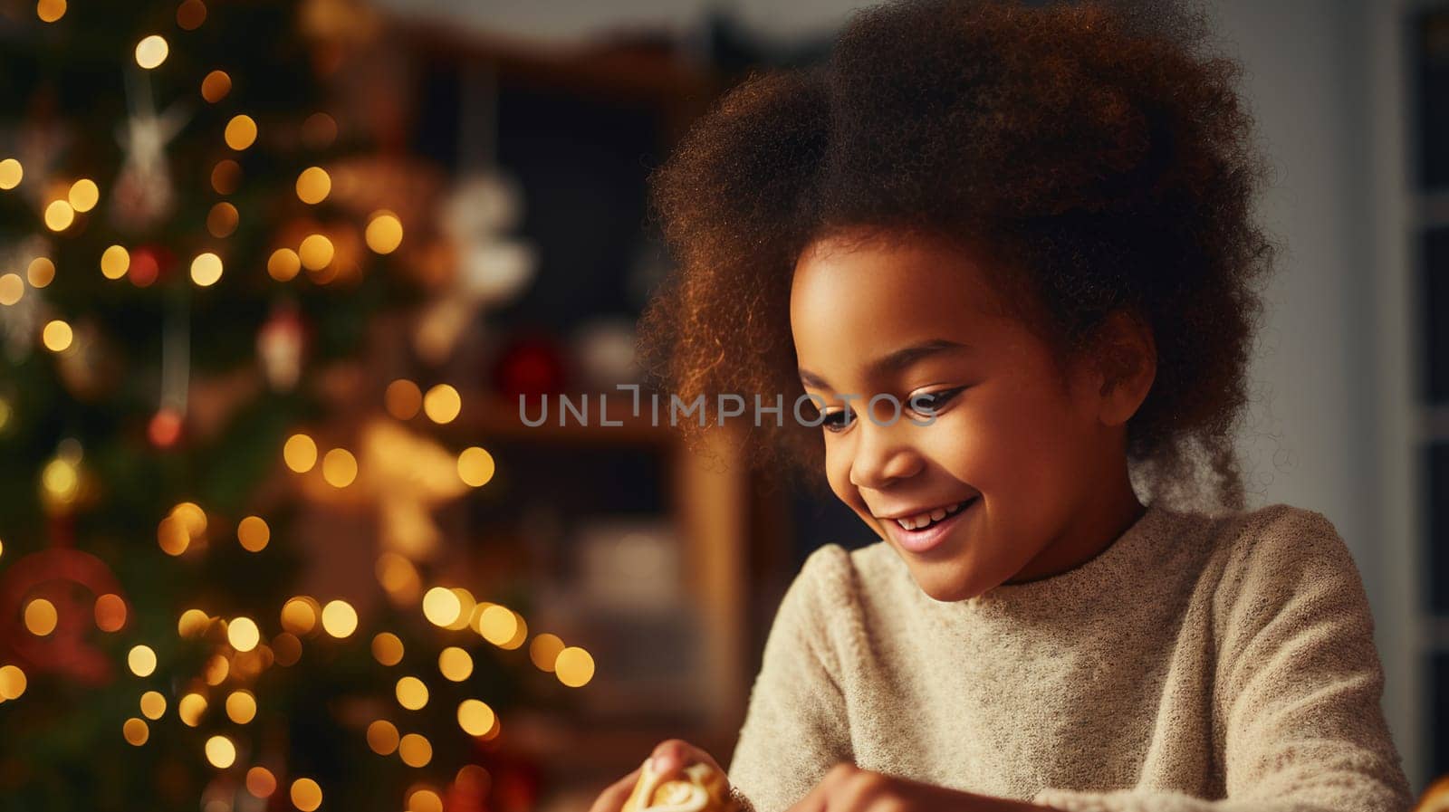 Smiling black child decorating Christmas cookies. Merry Christmas and Happy New Year concept.