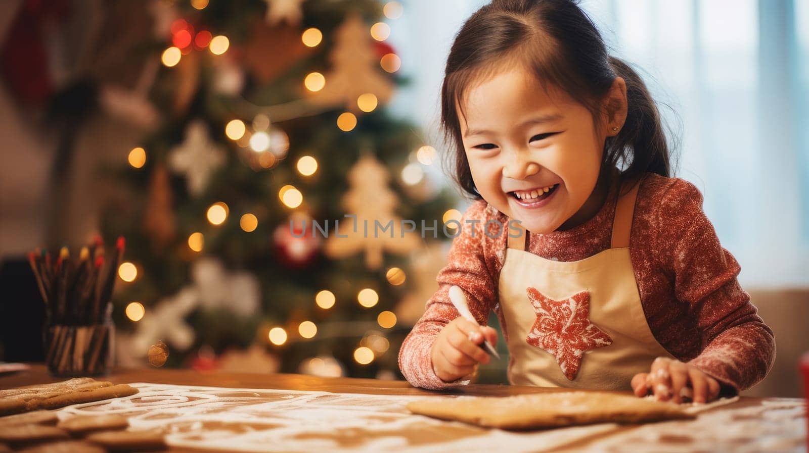 Smiling asian child with down syndrome decorates christmas cookies. Merry Christmas and Happy New Year concept. by Alla_Yurtayeva