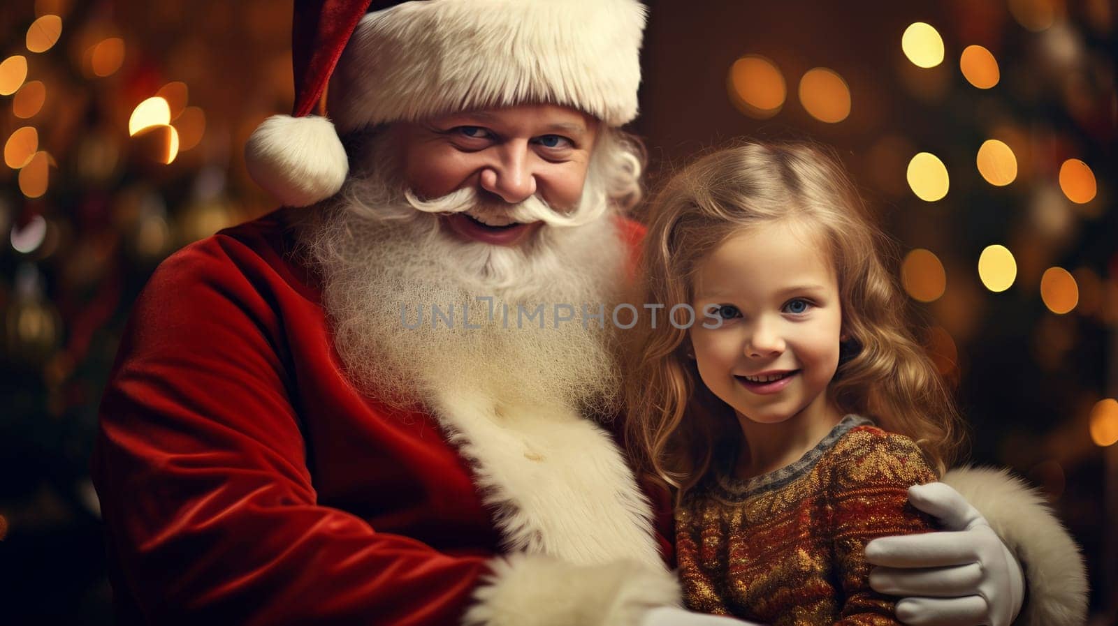 Santa Claus holds a child on his lap near a Christmas tree on a blurred background of bokeh lights. Merry Christmas and New Year concept