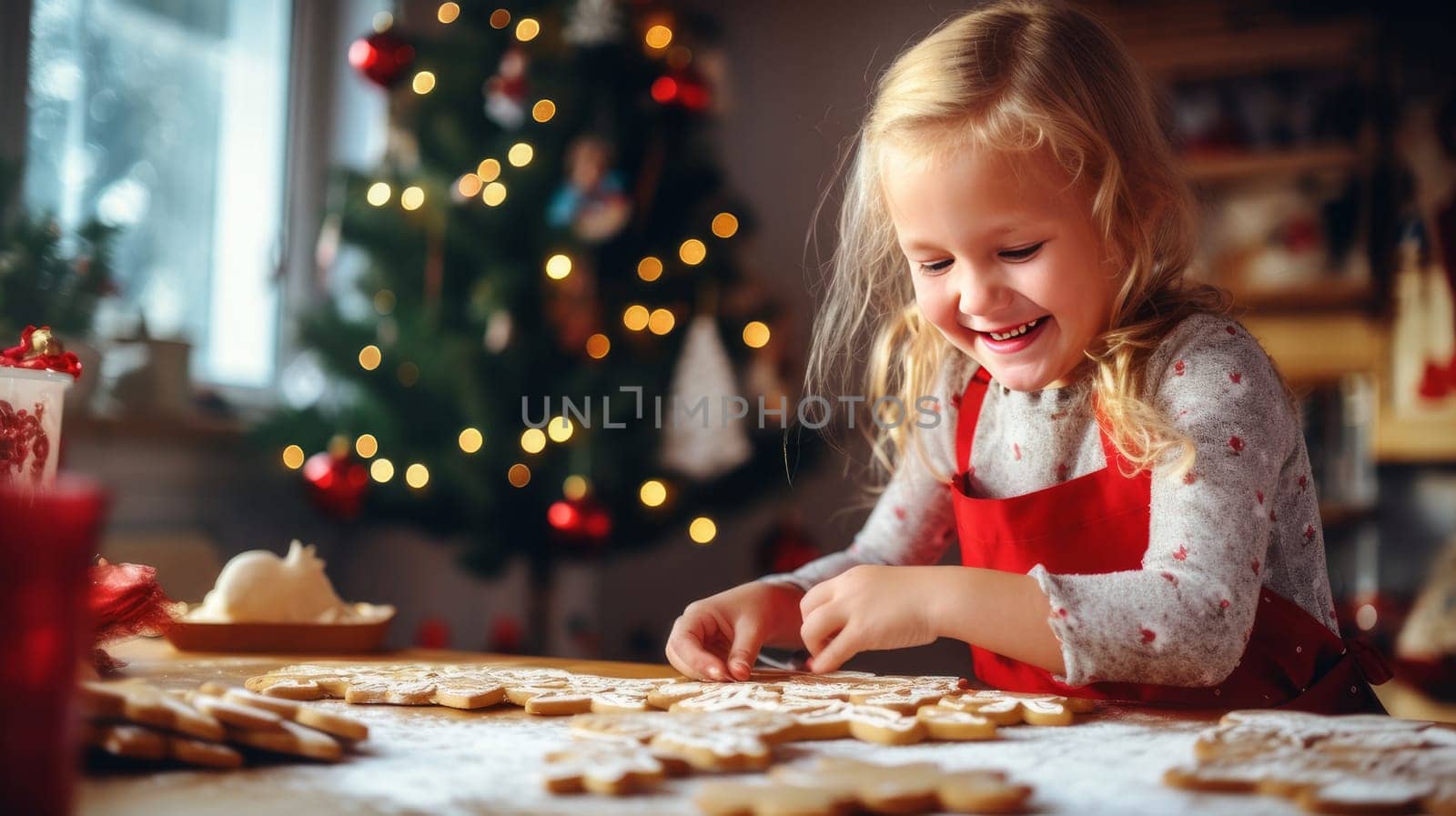 Smiling child decorating Christmas cookies. Merry Christmas and Happy New Year concept. by Alla_Yurtayeva