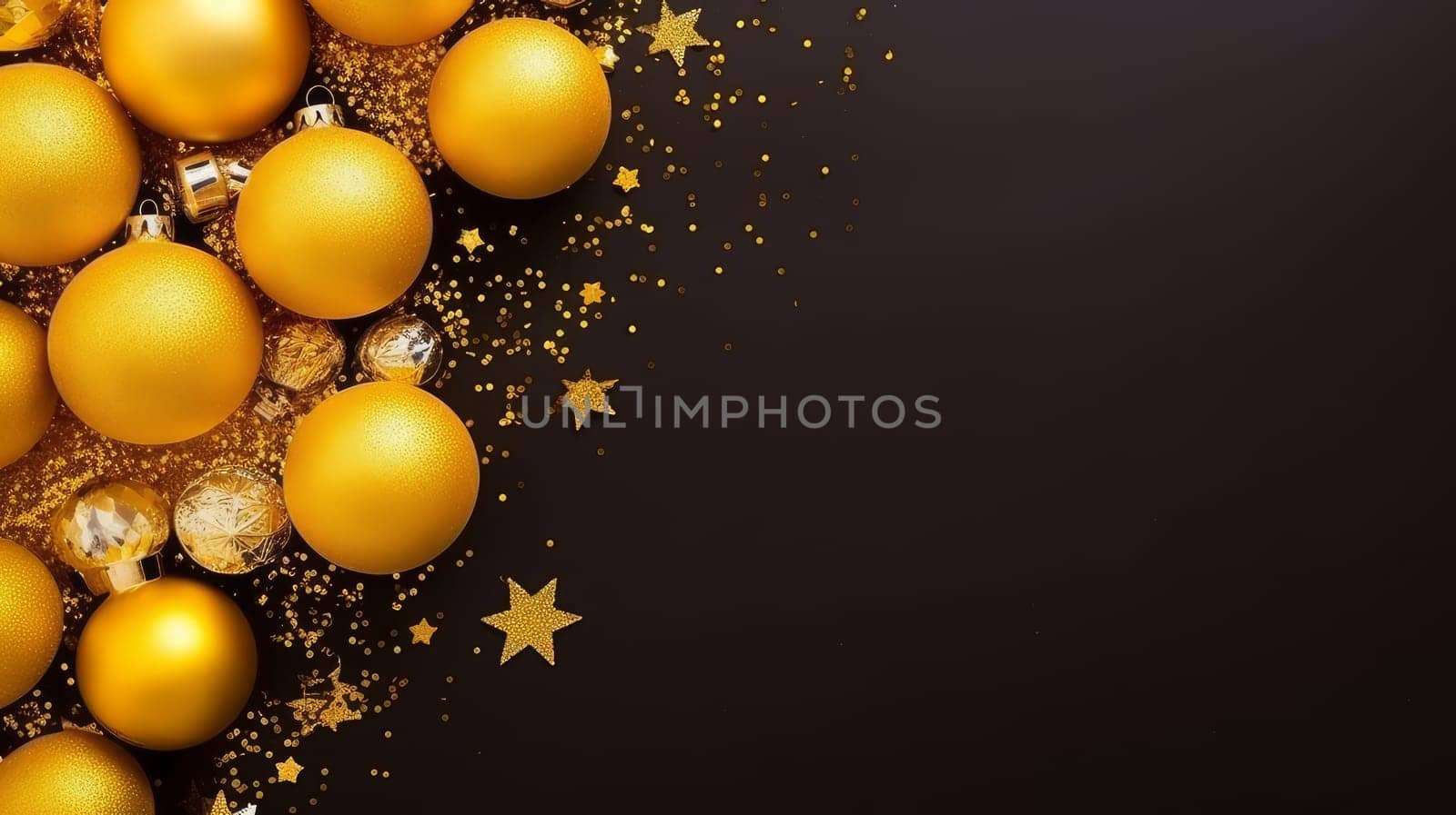 Gold luxury New Year's balls and toys on a black background with bokeh lights on Christmas Eve