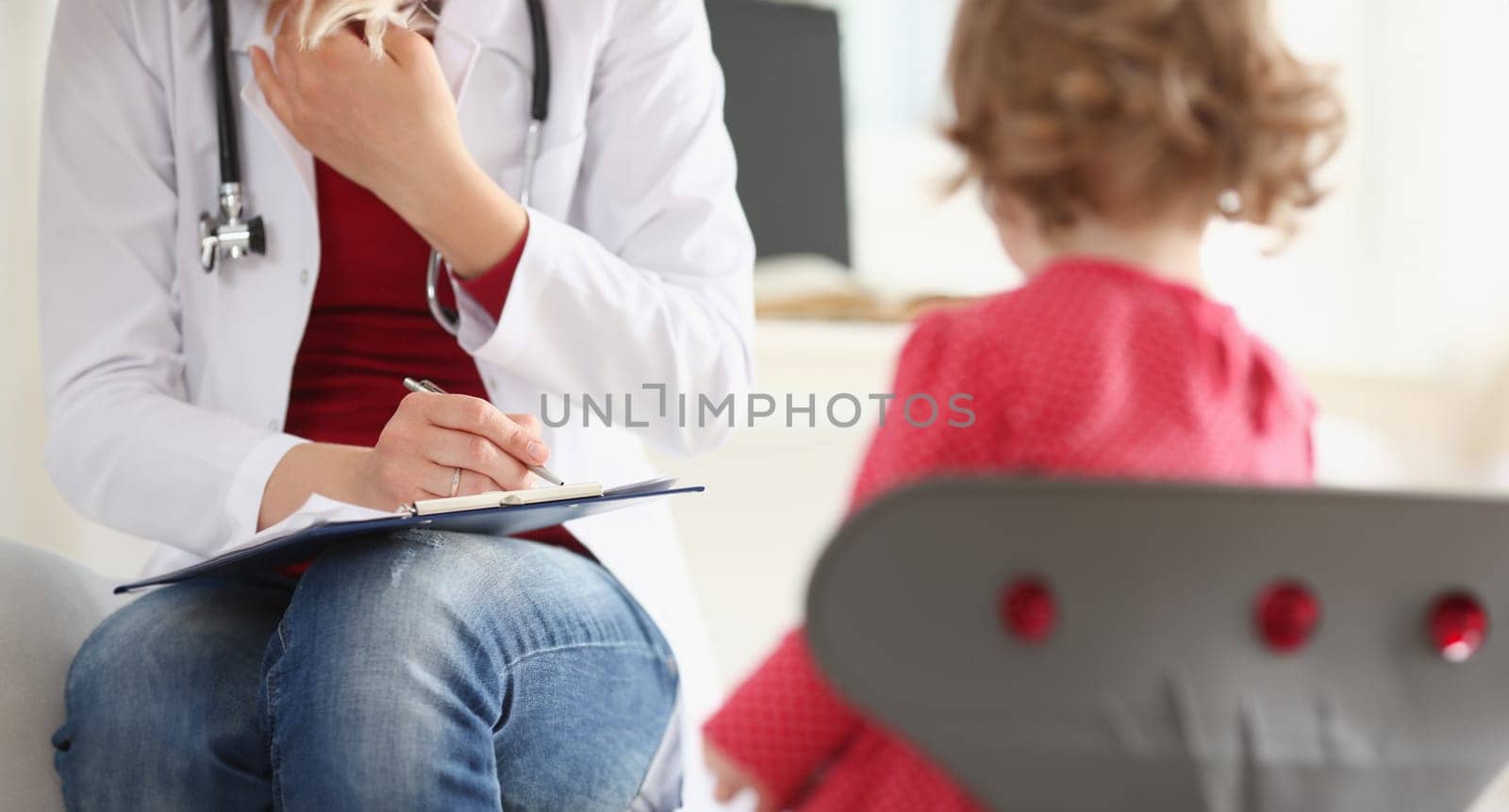 Little child with mother at pediatrician reception. Physical exam cute infant portrait baby aid healthy lifestyle ward round child sickness clinic test high quality and trust concept