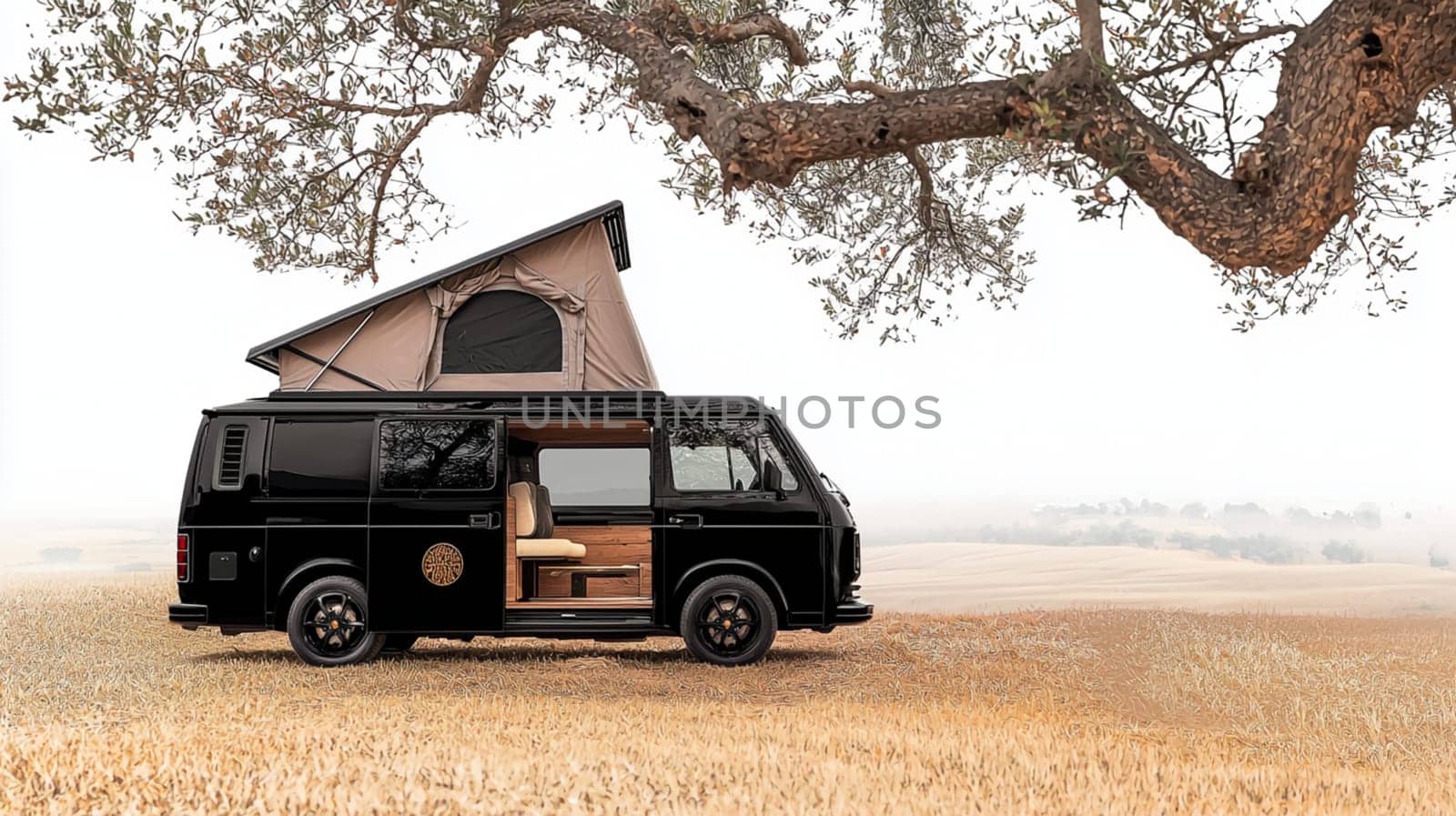 Modern camper van is parked on a grassy field with its side door open, revealing a cozy interior with wooden furniture. The van is surrounded by a peaceful countryside setting