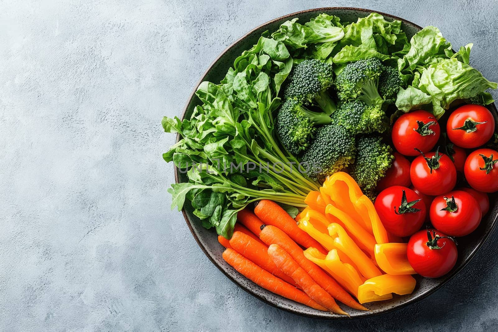 A variety of fresh vegetables, including broccoli, lettuce, tomatoes, bell peppers, and carrots, are beautifully arranged on a dark plate, showcasing vibrant colors and healthy options.