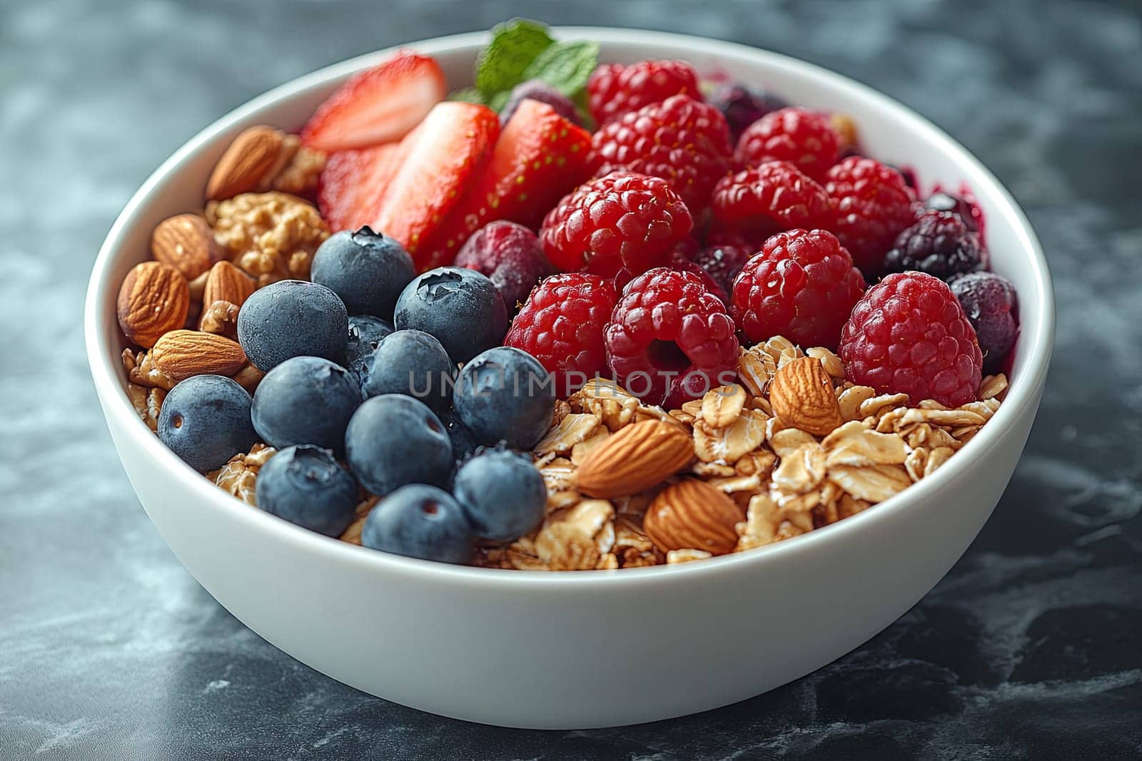 A vibrant bowl filled with oats, blueberries, raspberries, almonds, and various fresh berries creates a nutritious and appealing meal option for breakfast or a light snack.