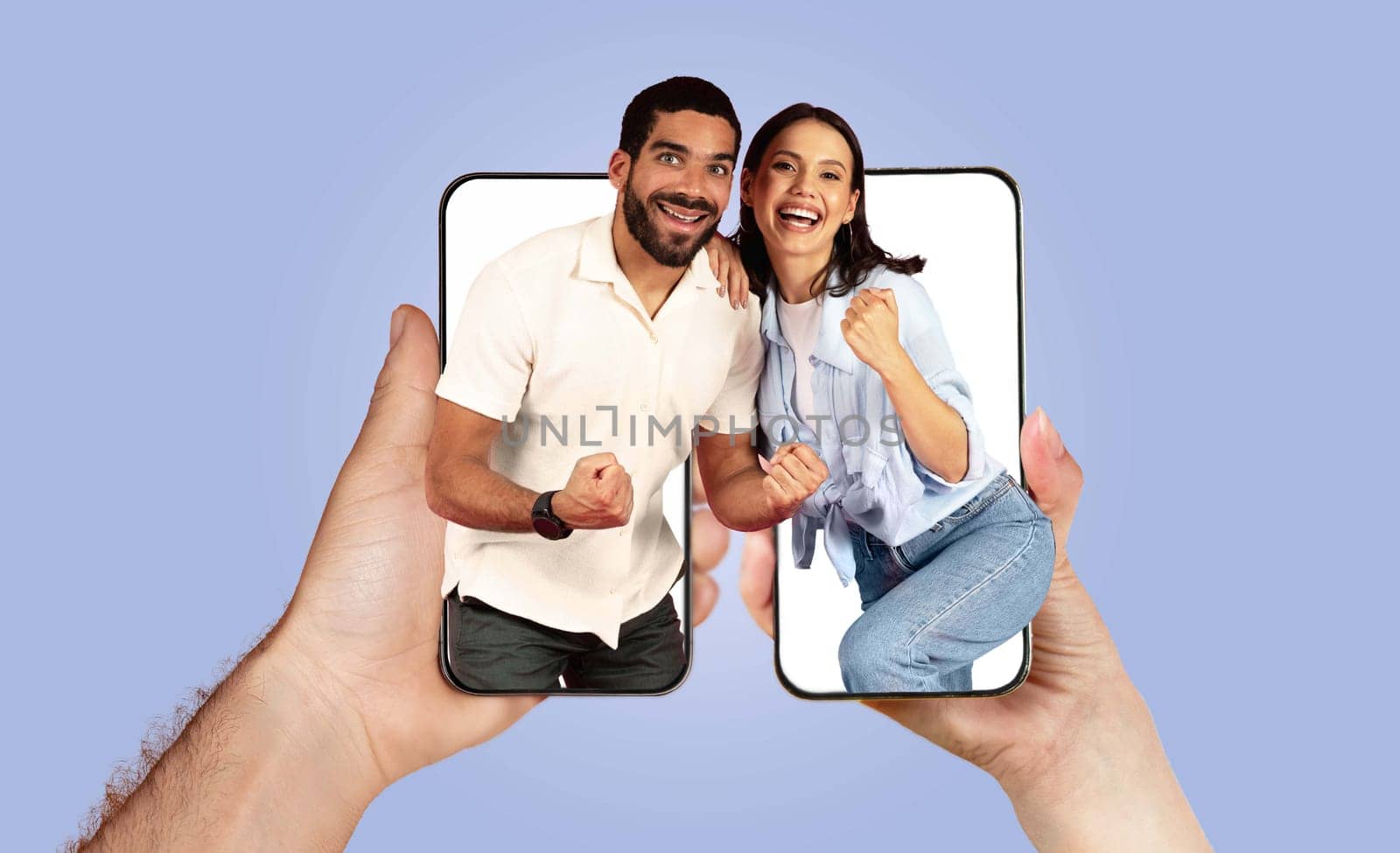 A cheerful couple connects through their smartphones, highlighting their deep bond and modern communication. Their joyful expressions reflect affection and togetherness in a digital age.