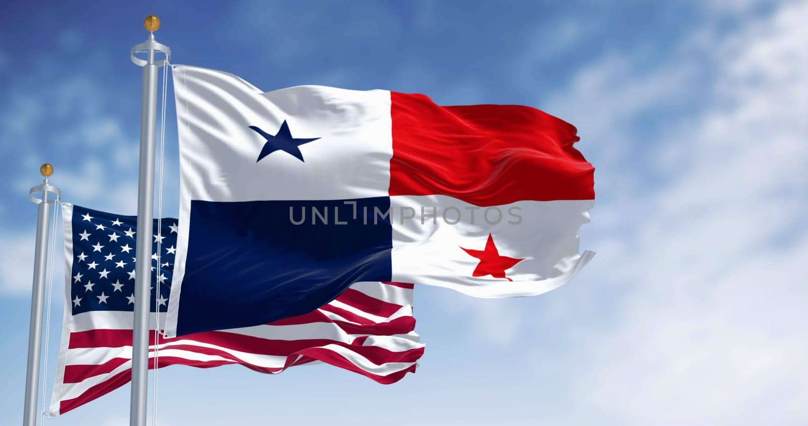 National flags of Panama and the The US waving in the wind on a clear day. Rippled fabric. Selective focus. 3d illustration render.