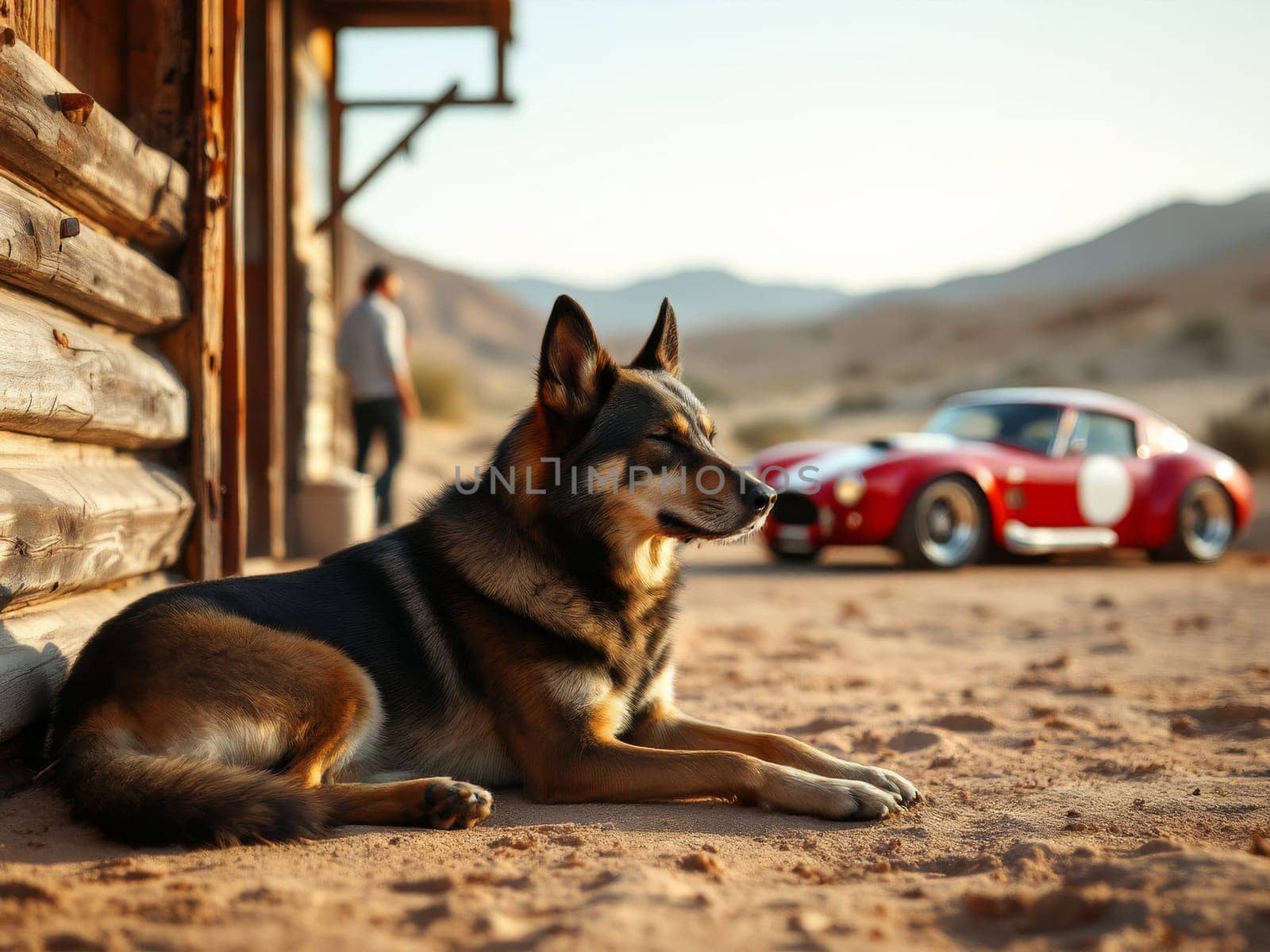 German shepherd dog resting in the shade of a wooden house in a desert landscape with a vintage Shelby Cobra 427 in the background. Ai generated
