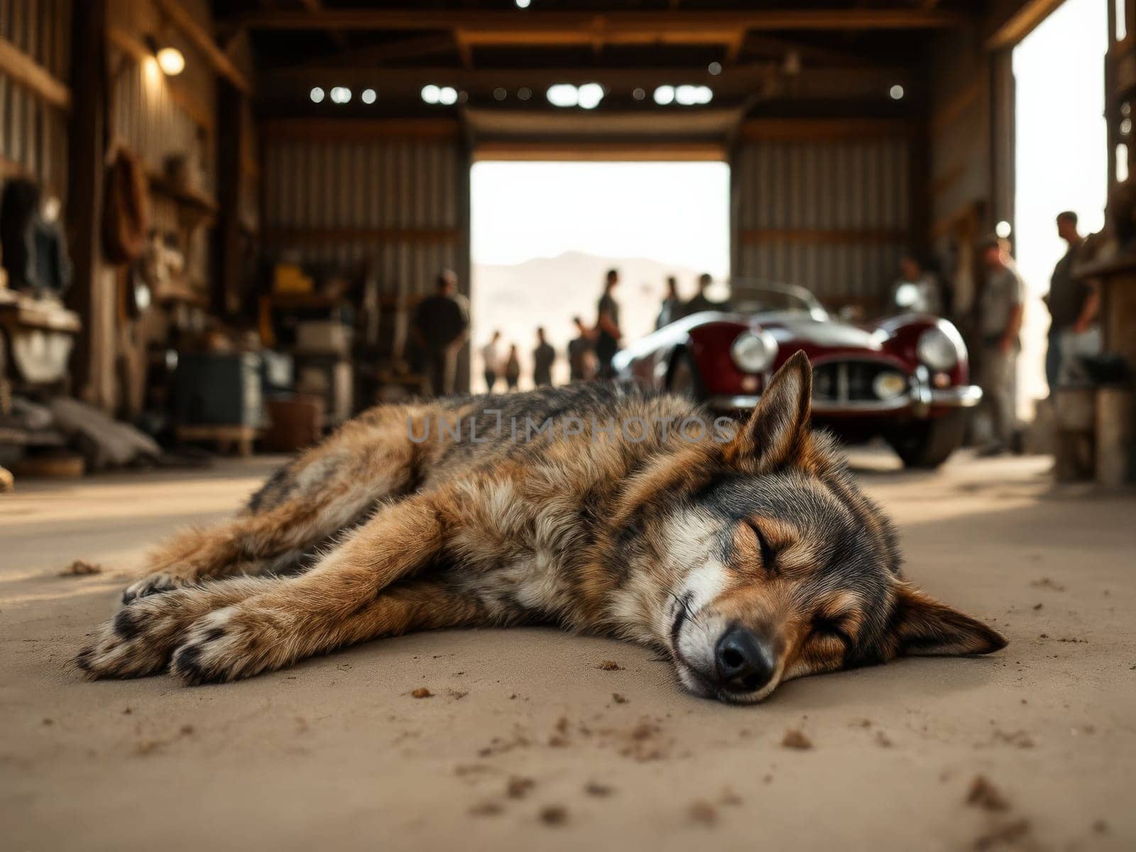 Brown and grey dog sleeping on dusty floor of vintage car garage with mechanics working in background. Ai generated